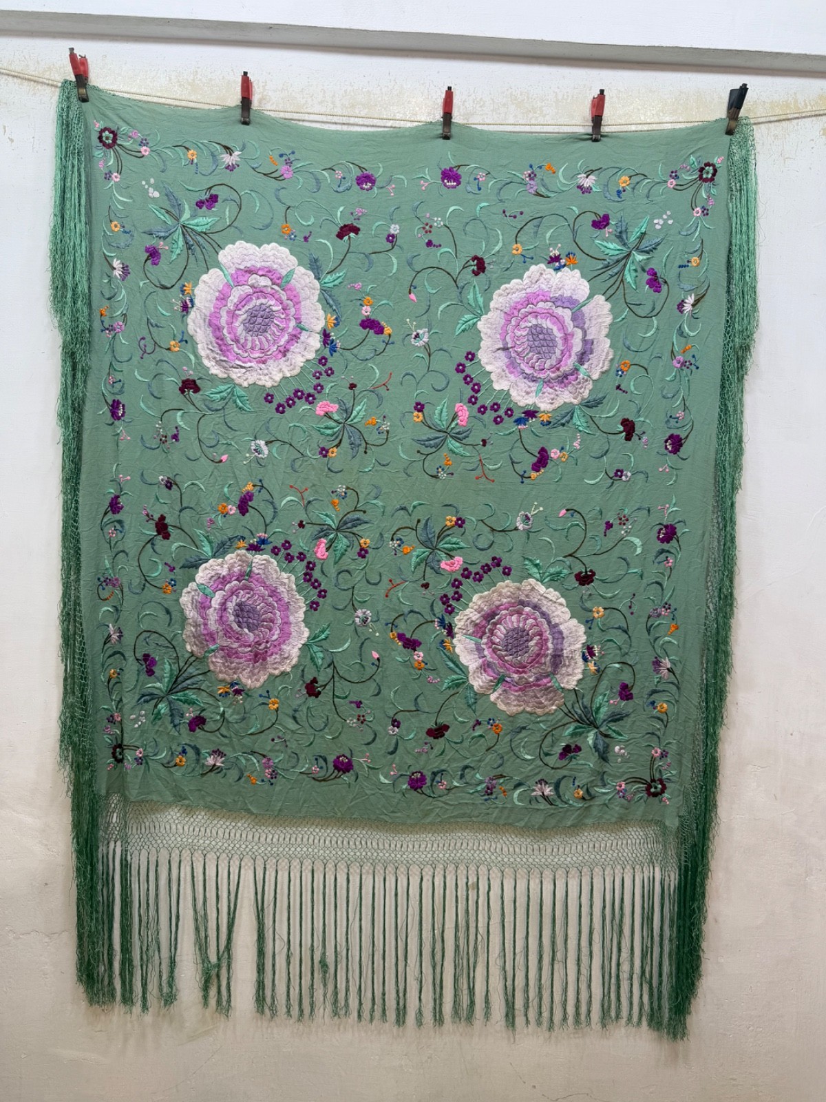 Vintage Manila Silk Embroidered Piano Scarf Shoulder Shawl 120×115 Cm