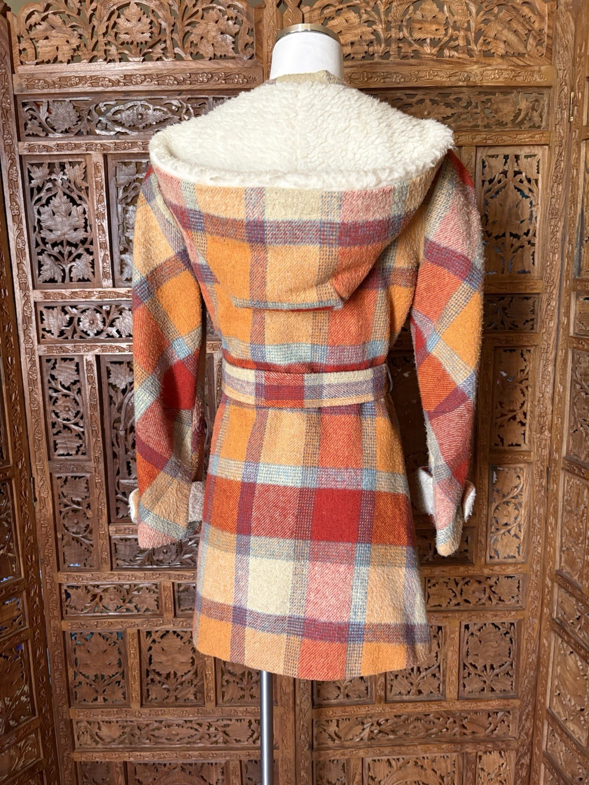 Vintage 70s Plaid Coat Womens Sherpa Collar Faux Fur 1970s Belted Hooded Hippie