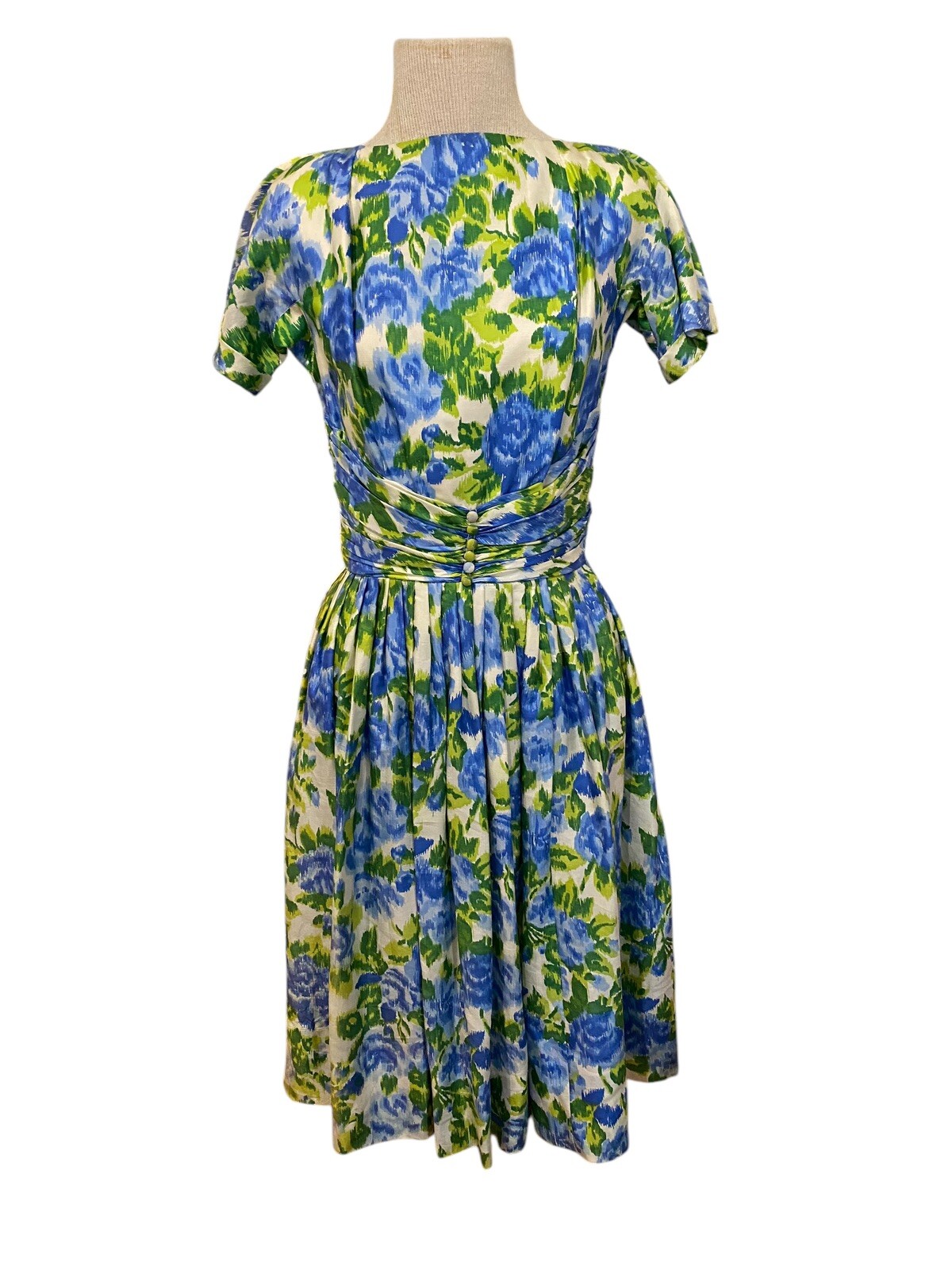 Vintage 1950’s Gigi Young Fit & Flare Swing Dress Blue Green Floral Midi Small