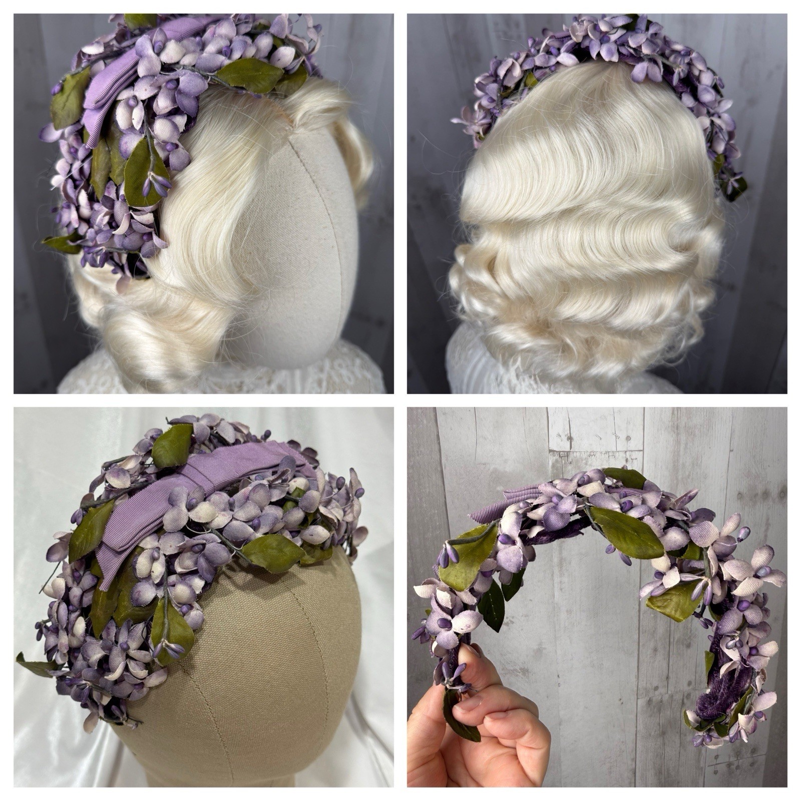 Vintage 1950s HAT Purple Lilac Flower Headband Whimsical Bridal Headpiece Rare