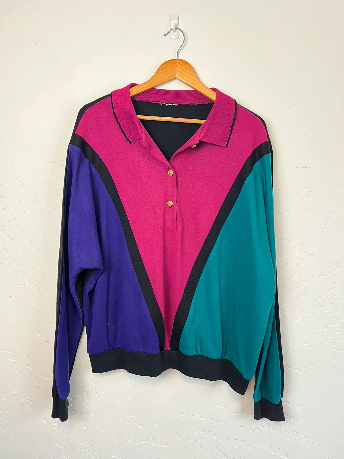 Vtg 80s Colorblock Panel Polo Sweatshirt Cotton Blend L