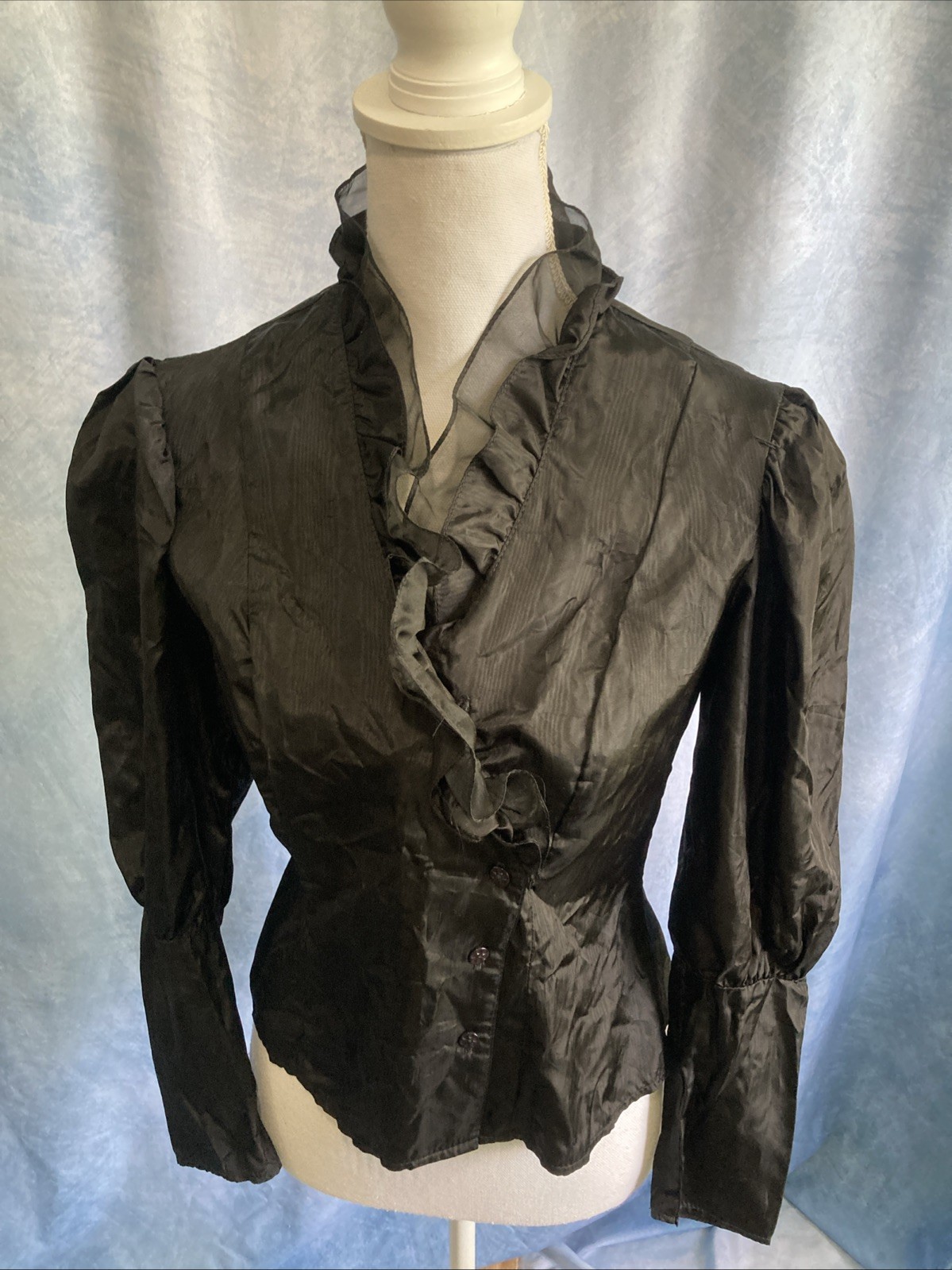 Vtg 80s Debut Goth Victorian Ruffle Jacket Blouse Acetate Balloon Sleeve Black