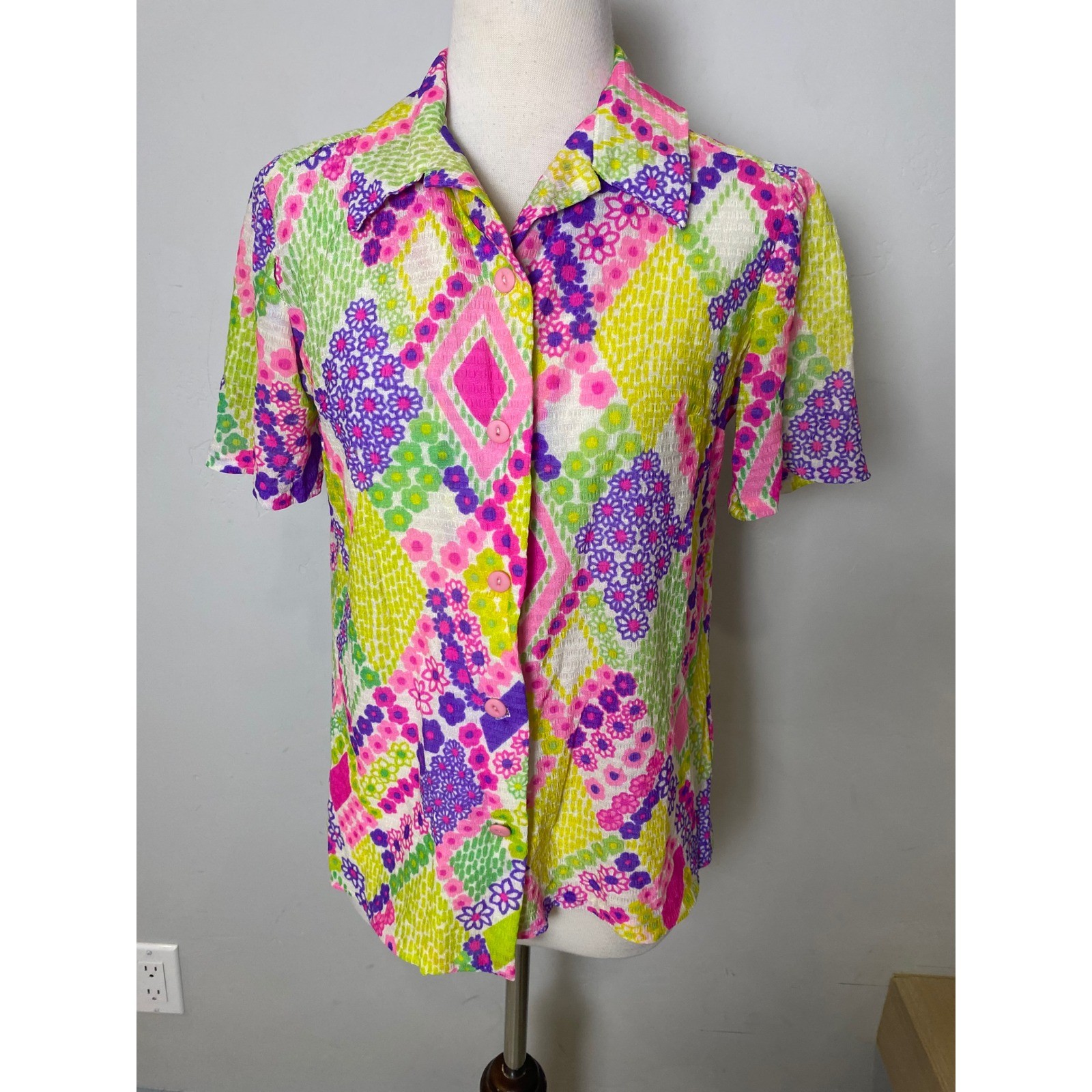Vintage 60s Psychedelic Floral Geometric Button Up Blouse Pink Purple Green Neon