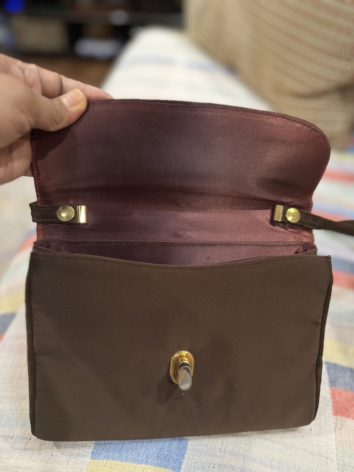 VTG Saks Fifth Avenue Brown Satin Evening Shoulder Bag Gold Chain Clasp Purse