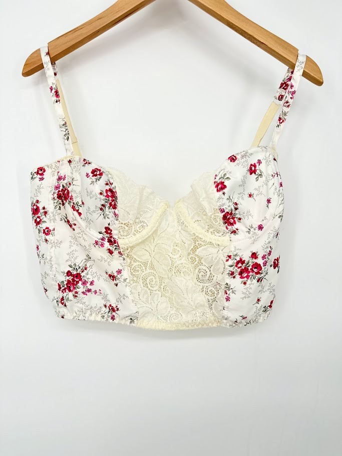 Vtg Yessica Floral Satin Lace Longline Bra Underwire US 34 Unknown Cup Romantic