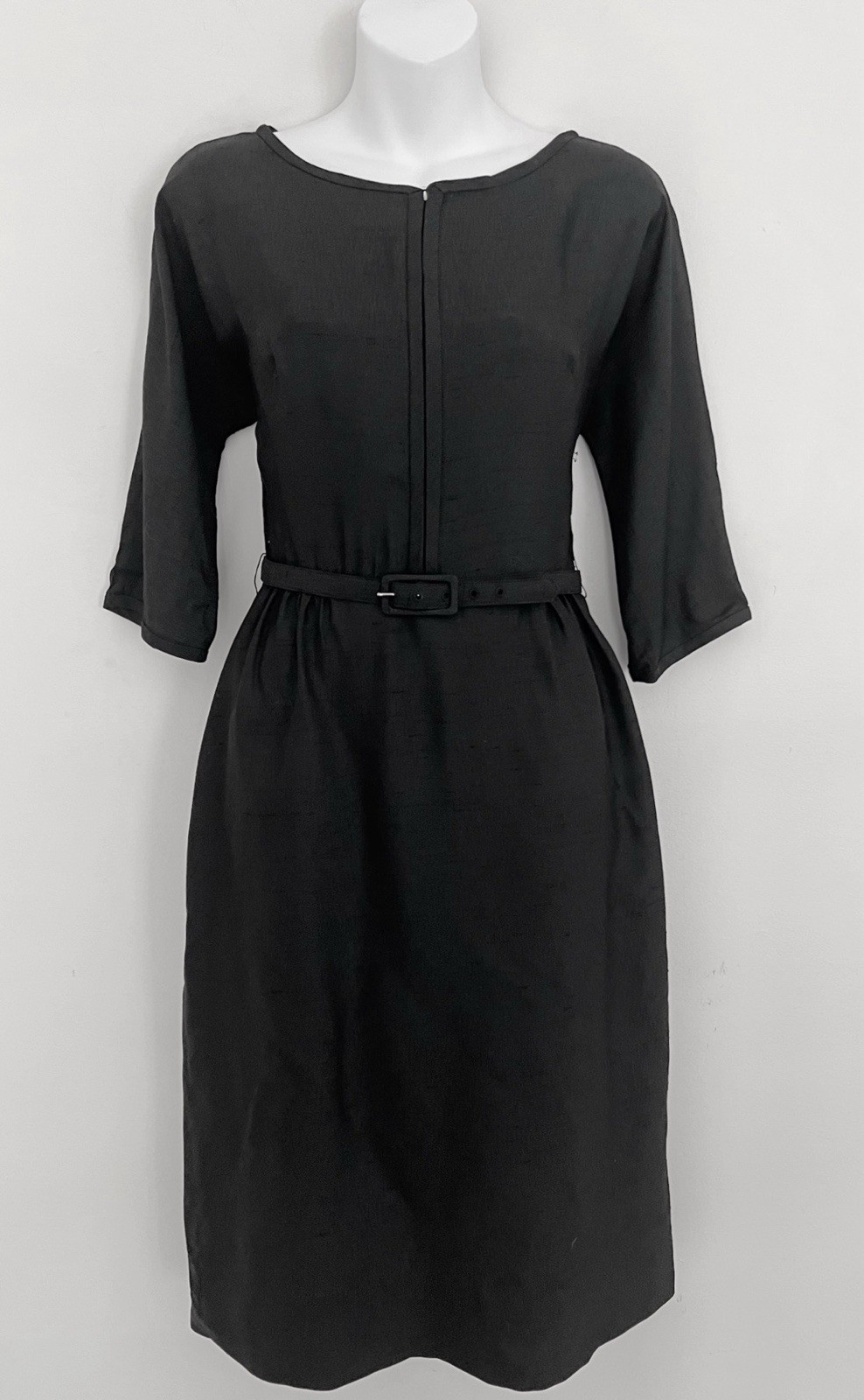 Vtg DAUPHINE Dress XS Black Sheath Belted Back Slit 60s Career Old Money Classy