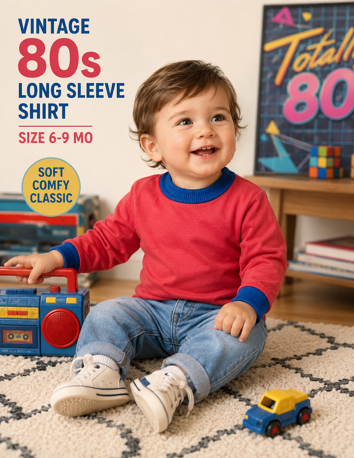 VTG Colorblock trim long sleeve shirt red blue 80s boy toddler sz 6-9 mo