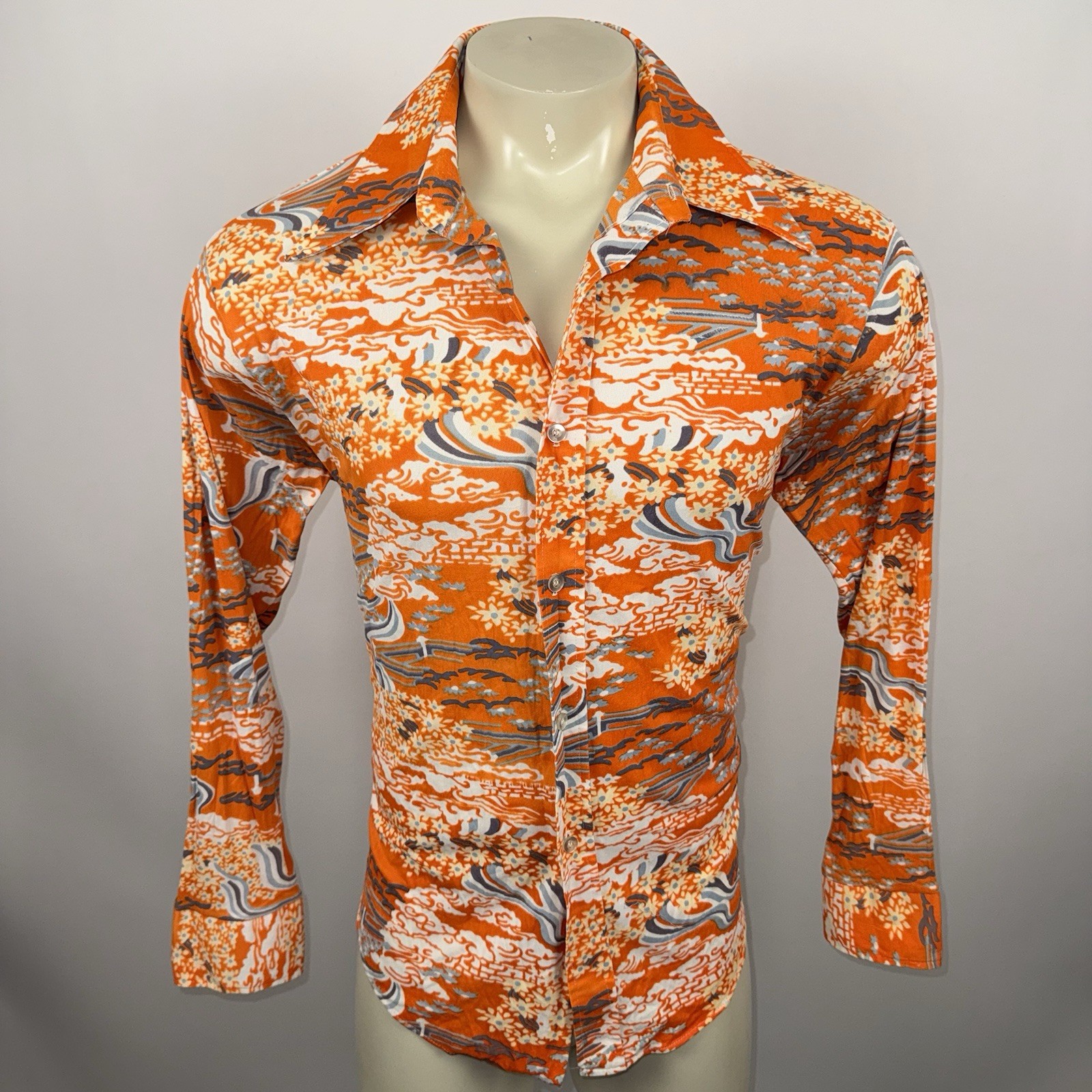 Vtg 60s 70s Disco Shirt Mens XL Abstract Floral Saturday Night Fever Beatnik Mod