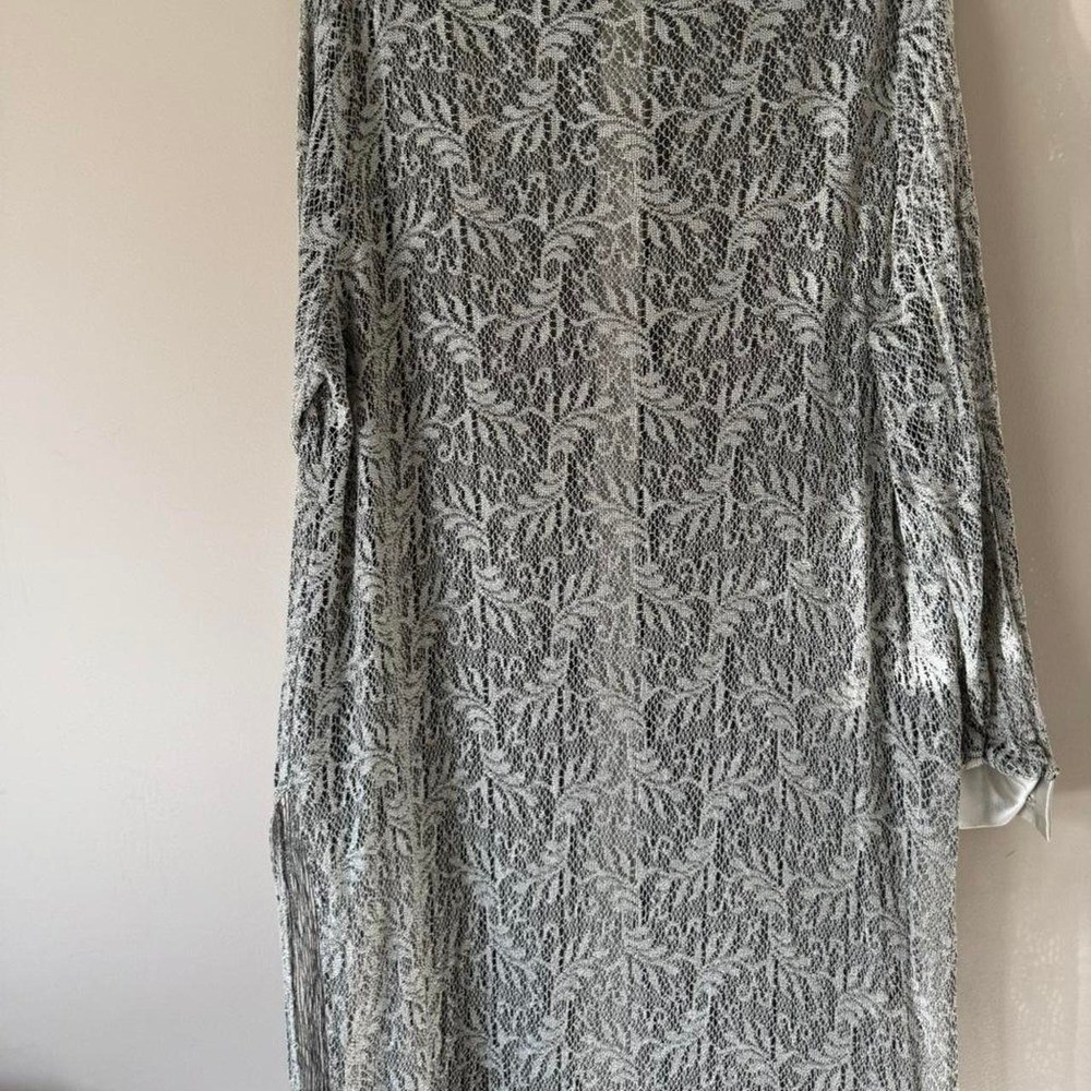 80 / 90s Silver Lace Dress satin collar covered buttons midi maxi long sleeve