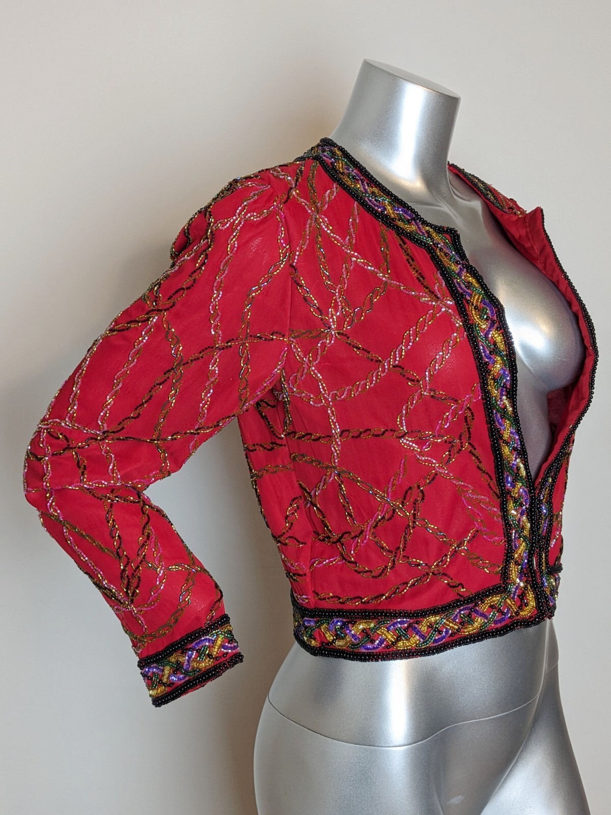 VTG Lawrence Kazar Red Art 2 Wear Beaded Rope Jacket PS Petite Small