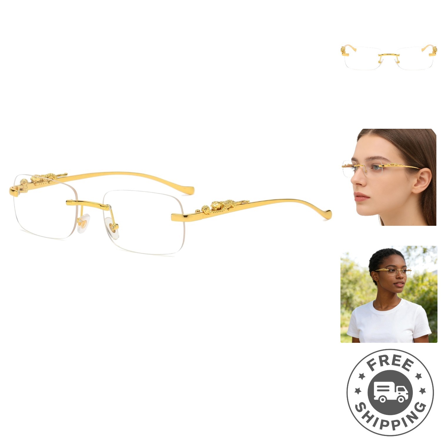Vintage Rimless Rectangle Sunglasses with Gold Cheetah Design – UV400 Protection