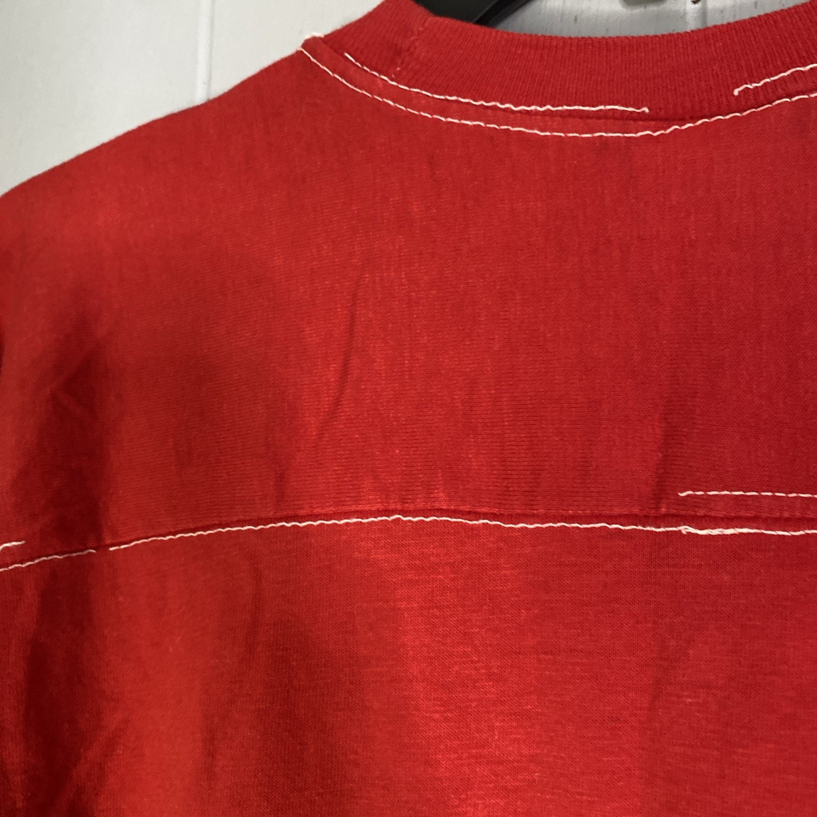 Vintage 80s Single Stitch T Shirt Red Sportswear Ringer Sleeve 19×29 Fits Medium