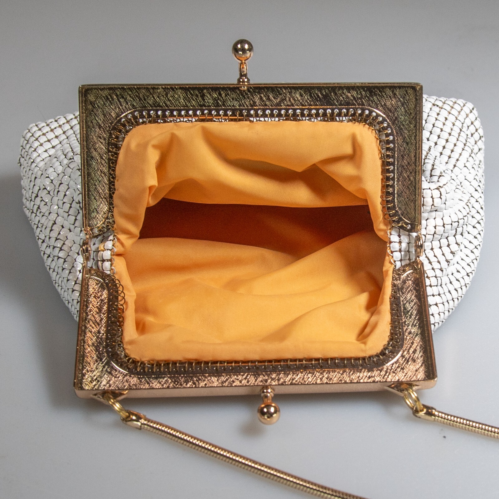 Vintage GLOMESH white and gold small evening bag – in original box