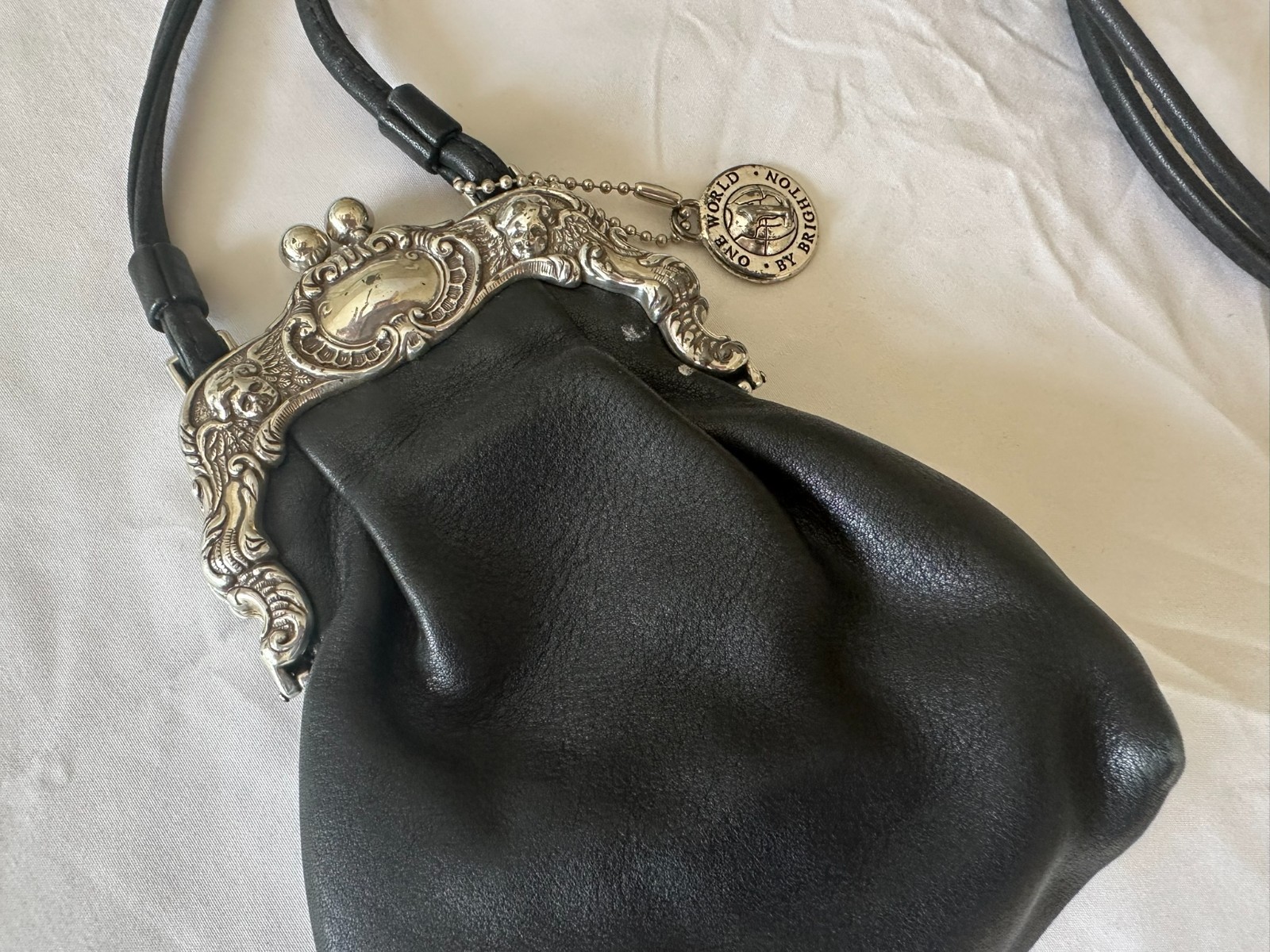 RARE VINTAGE Brighton “One World” Black Leather Stacy Crossbody Purse