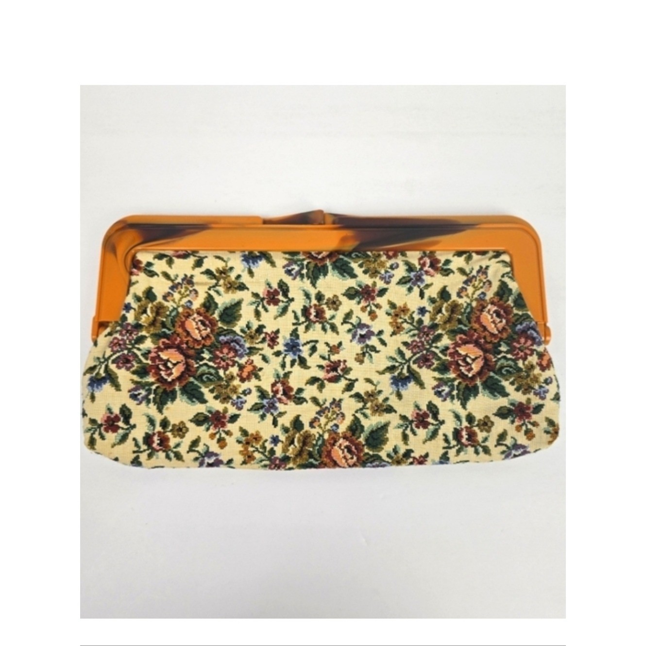 Vintage Needlepoint Floral Tapestry Clutch Purse Plastic Snap Multi-colored