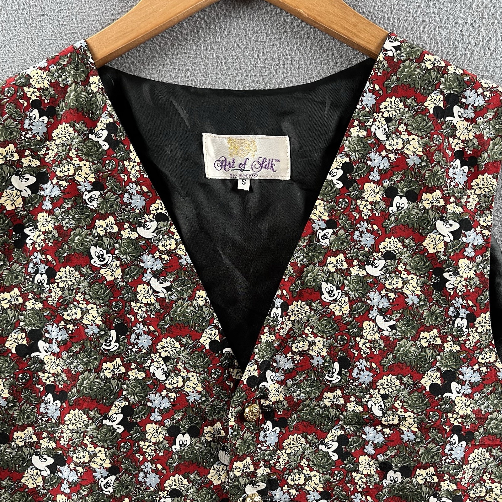 Vintage Art Of Silk Disney Vest Women’s Small Mickey Mouse Floral Print 90s Gold
