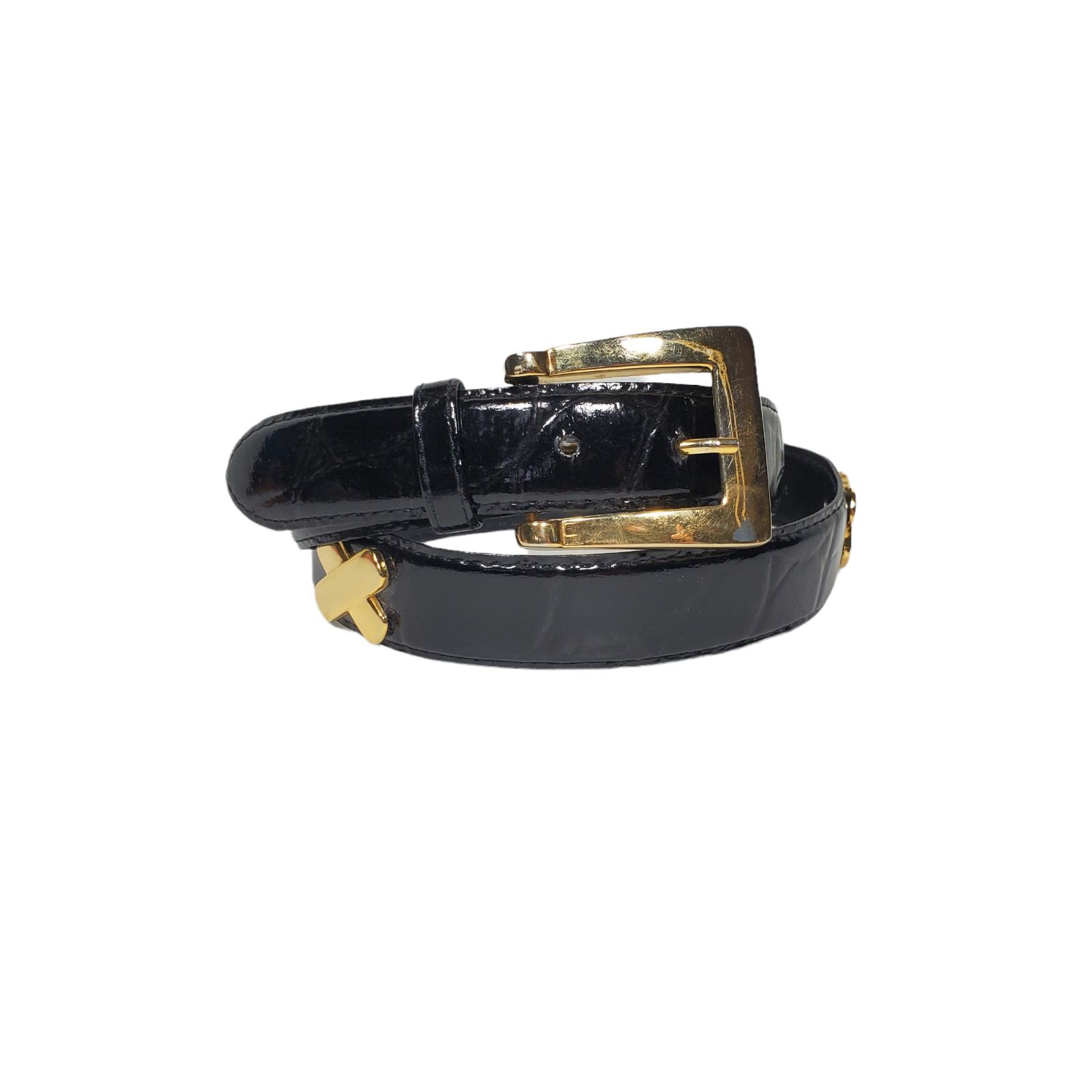VTG 90s JG Hook Moc Croc Belt Womens Sz M/L Black Patent Pleather Gold Brass X