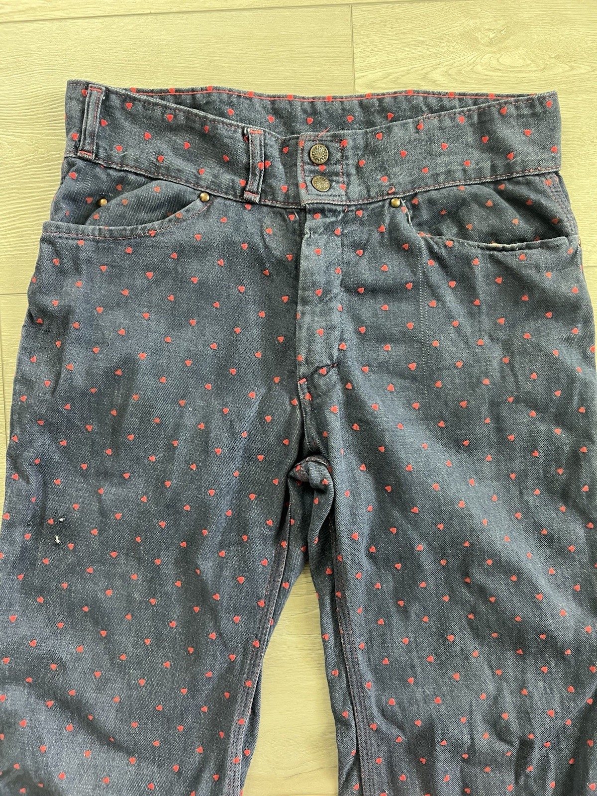 Vtg 60s Male Made USA Heart Flocked Denim Carpenter Flare Jeans Hippie Love 33”