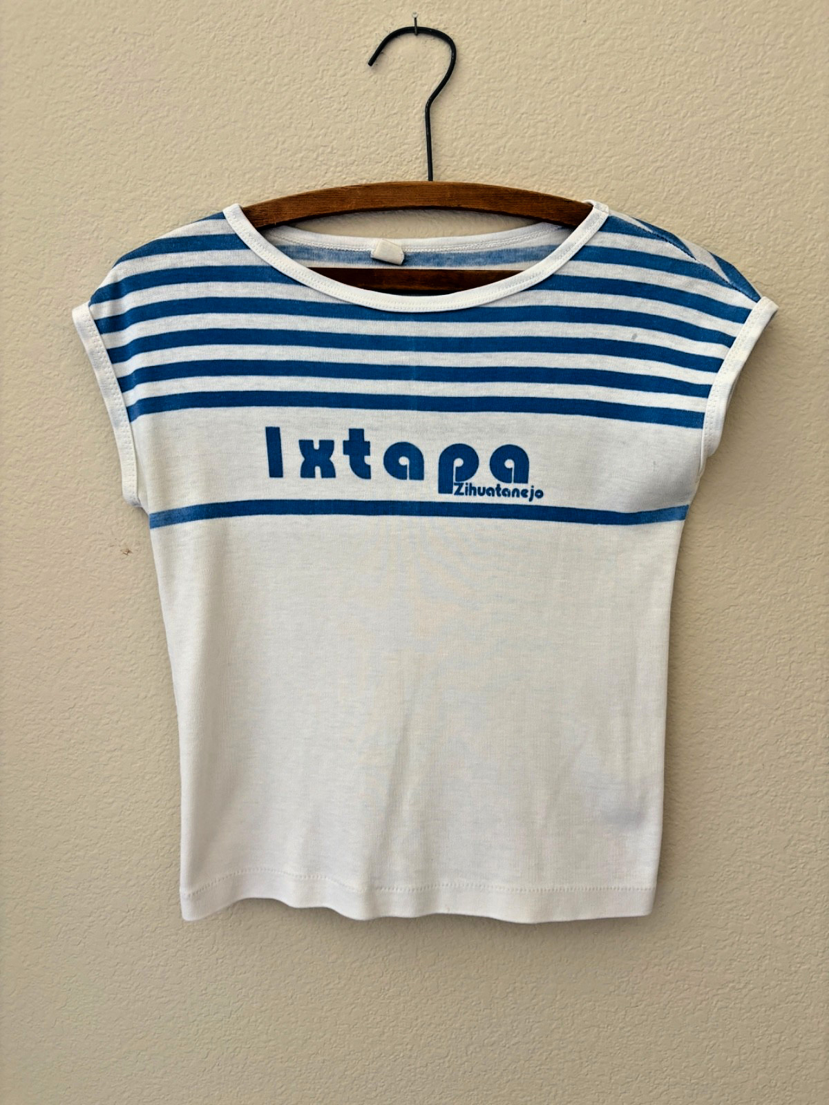 Vintage 70s 80s Thin Blue Stripe Ringer T-Shirt S Ixtapa Zihuatanejo Baby Tee