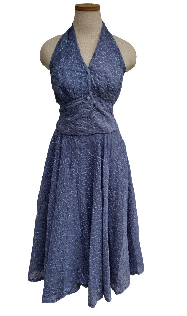 Cute! 2 Pc. VTG 1940s 1950s Halter Top Skirt Blue Dress sz S 6 Rockabilly Pinup
