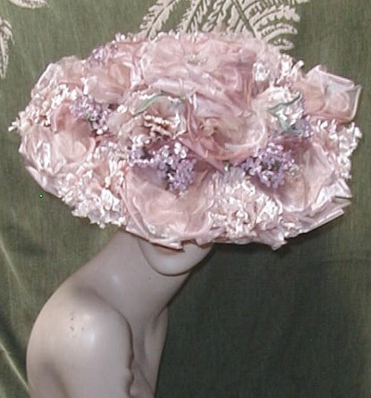 Gorgeous 1950’s Wide Platter Brim Hat Pink Silk Flowers Purple Lilacs FLO RAYE
