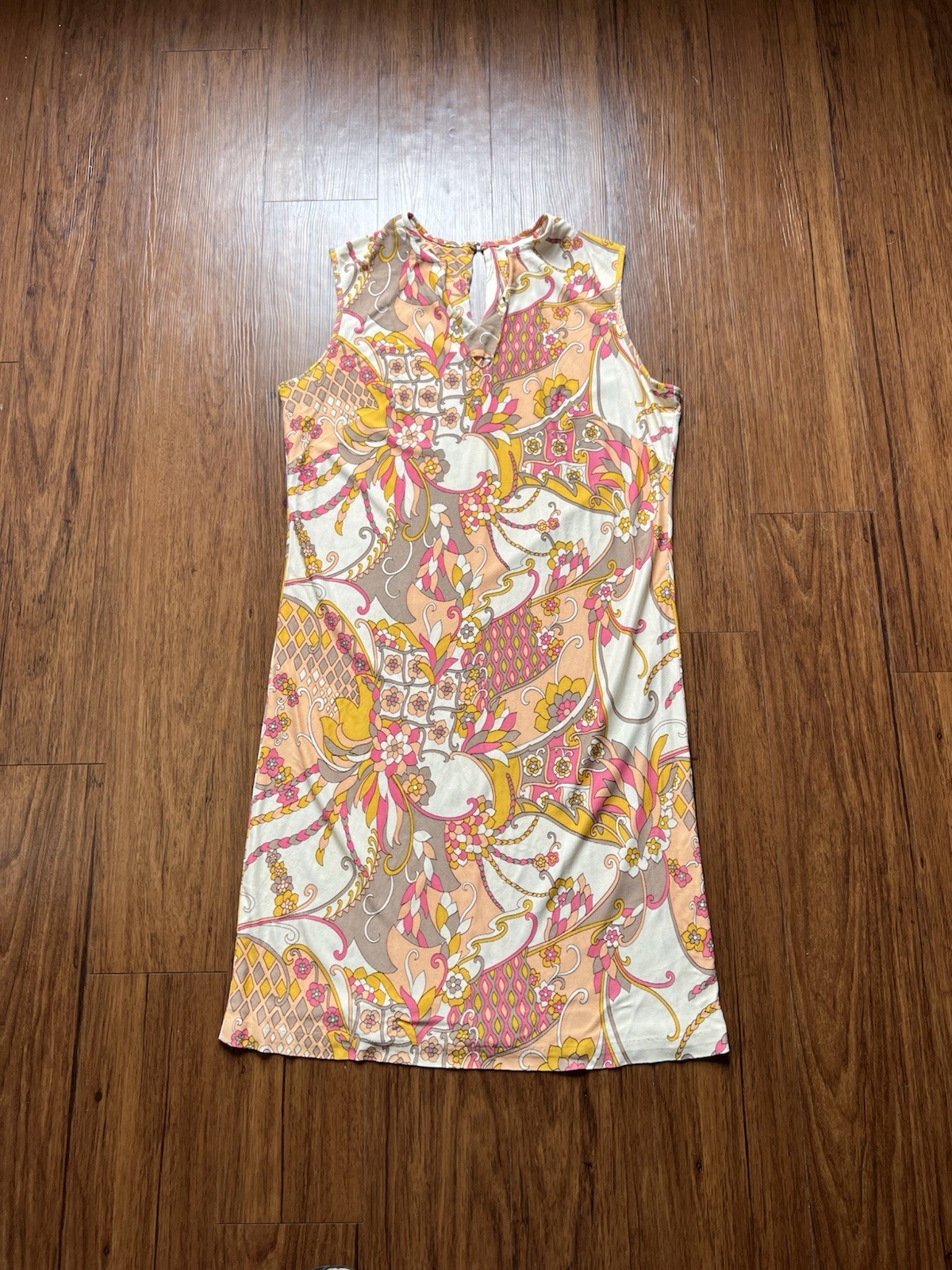 Vintage 70s Psychedelic Shift Dress XL Sleeveless Mod Groovy Pink Yellow Orange