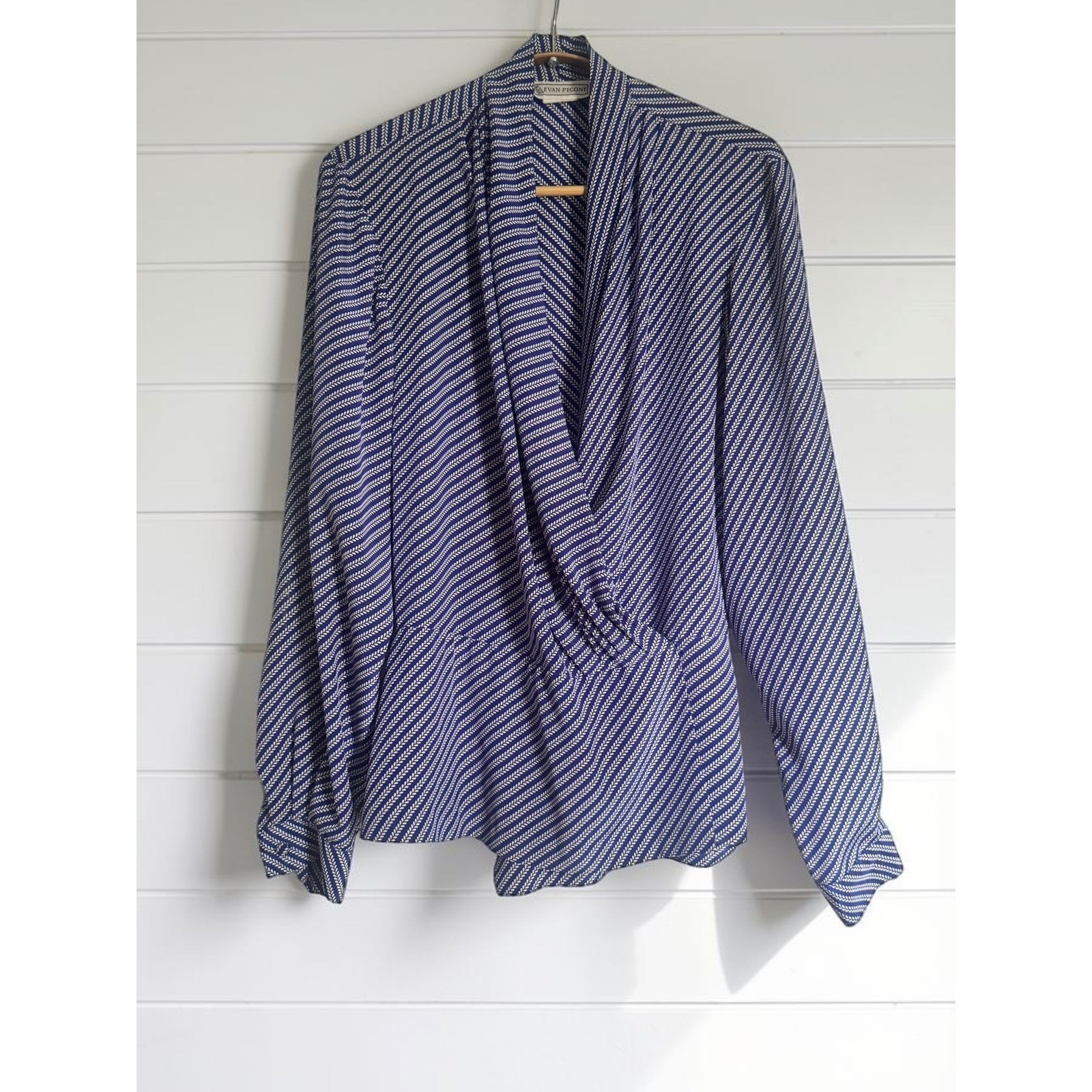 Vintage Evan Picone Size 12 (vintage size) Blue White Wrap Blouse Long Sleeve