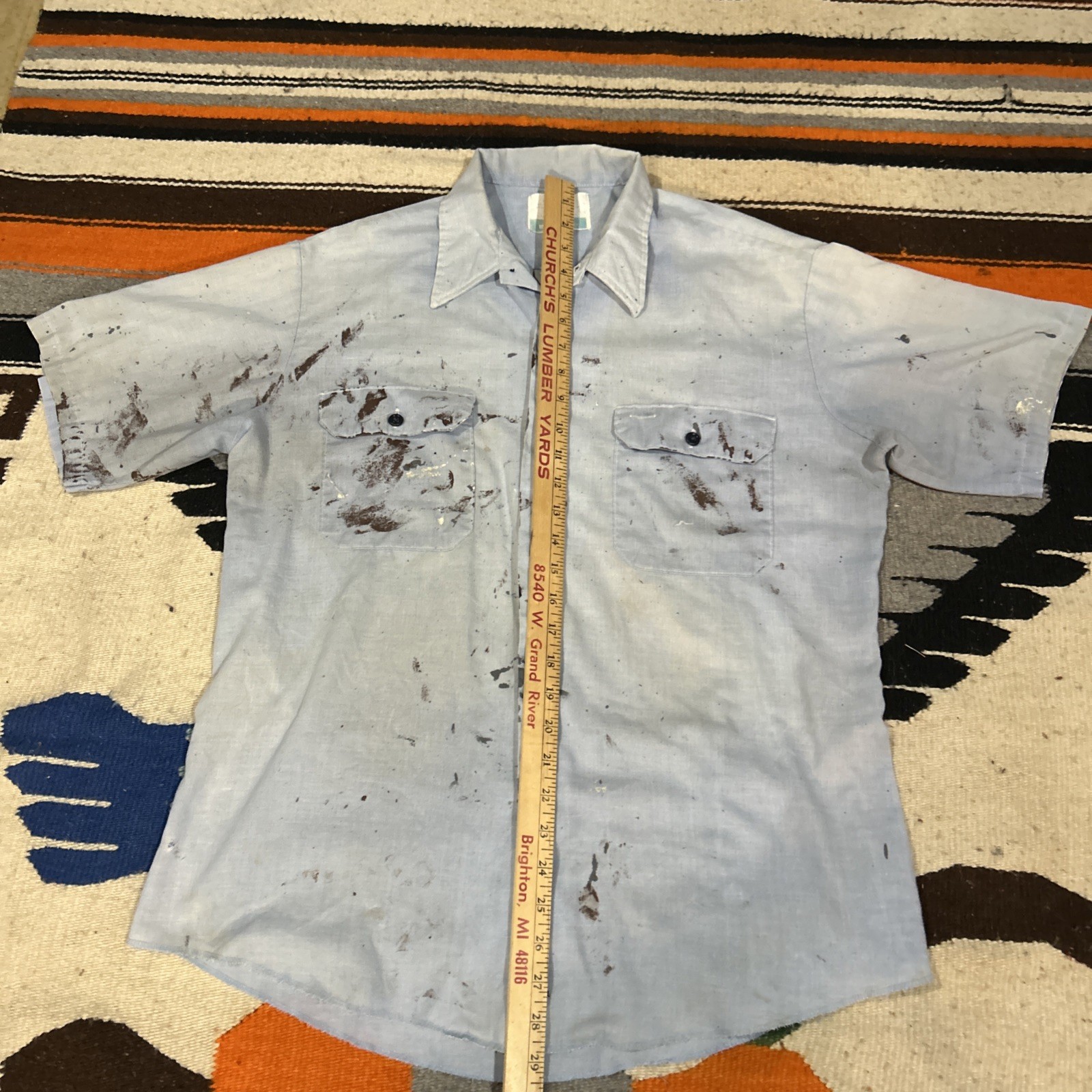 Vtg Distressed Paint Sears Sz L 16-16 1/2 Short Sleeve Blue Work Leisure Shirt