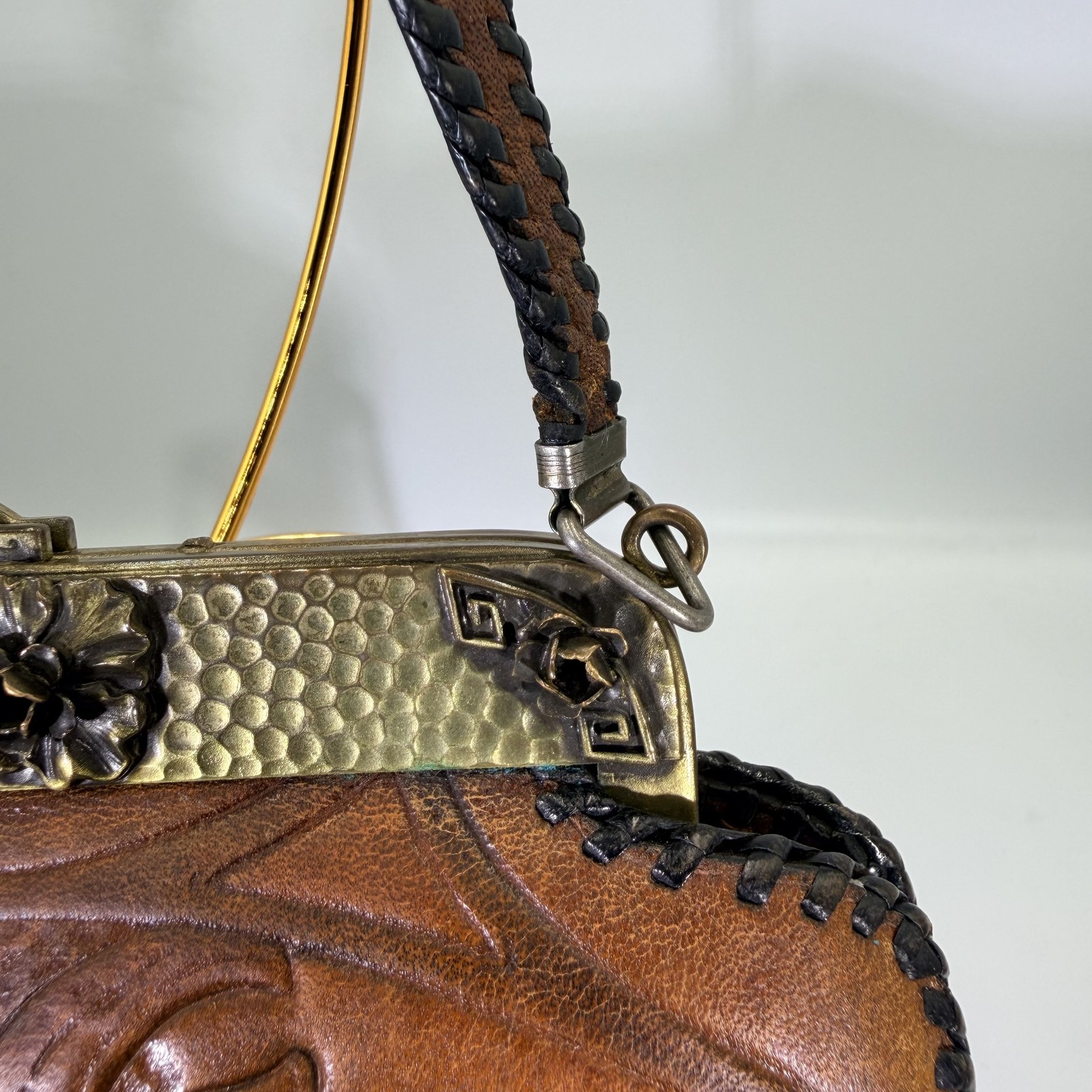 Vintage Tooled Leather Art Nouveau Floral Handbag Purse Arts & Crafts JEMCO