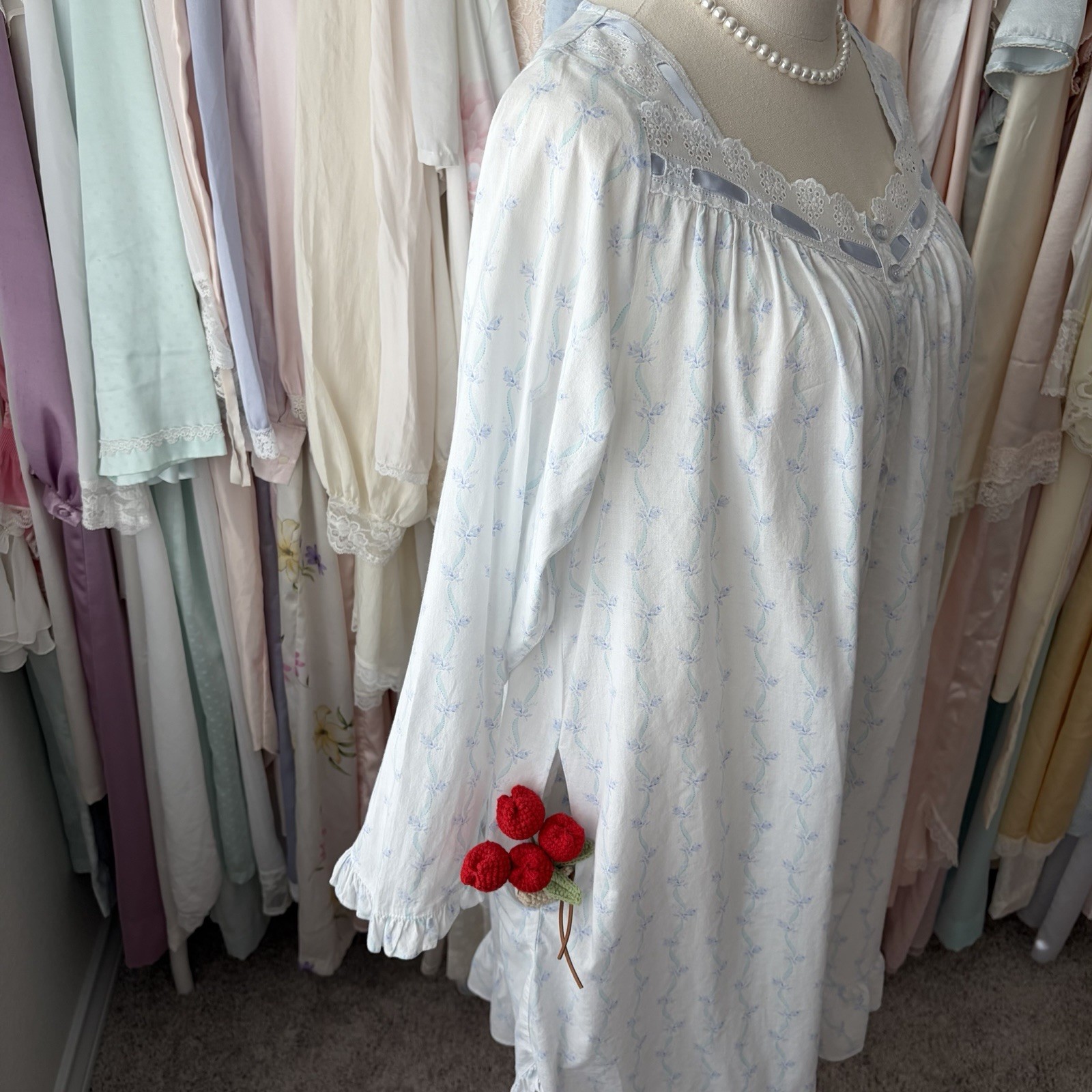 vintage y2k eileen west blue ribbon floral cotton nightgown pockets