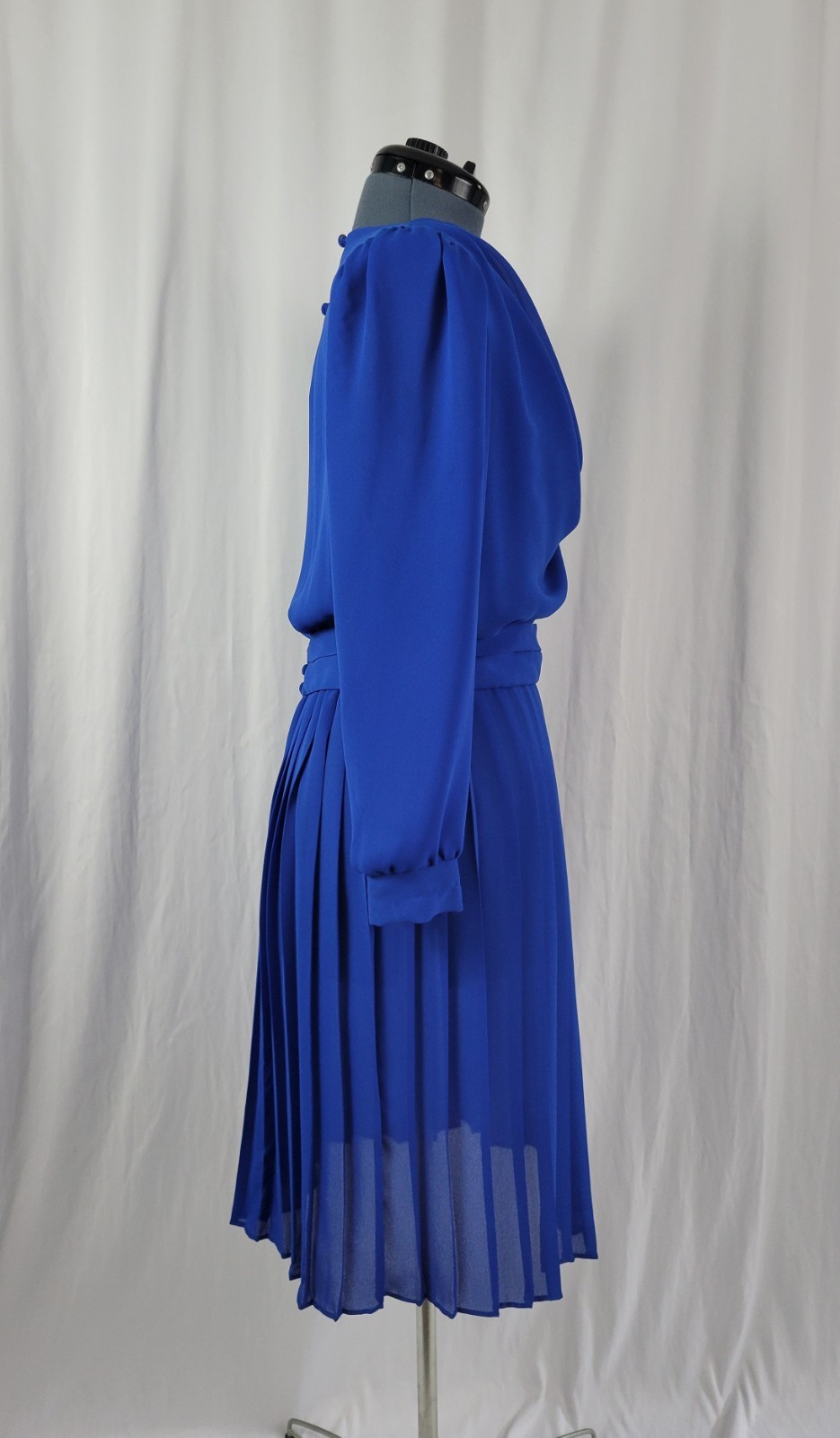 Vtg Lisa Michaels Blue Blouson Dress w Draped Neckline & Matching Belt Size 8