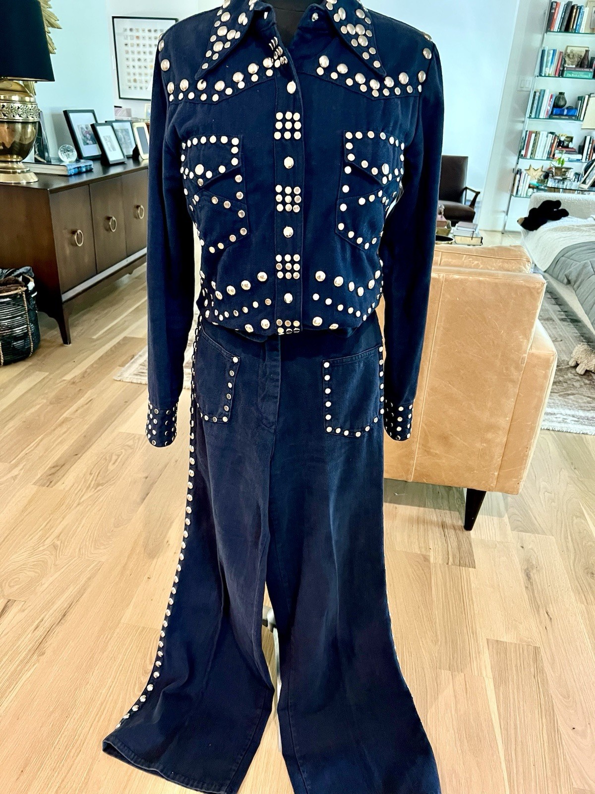 Rare 1970s Studded Allie Flynn Western Pant Suit Set Glam Rock Bell Bottoms S/M