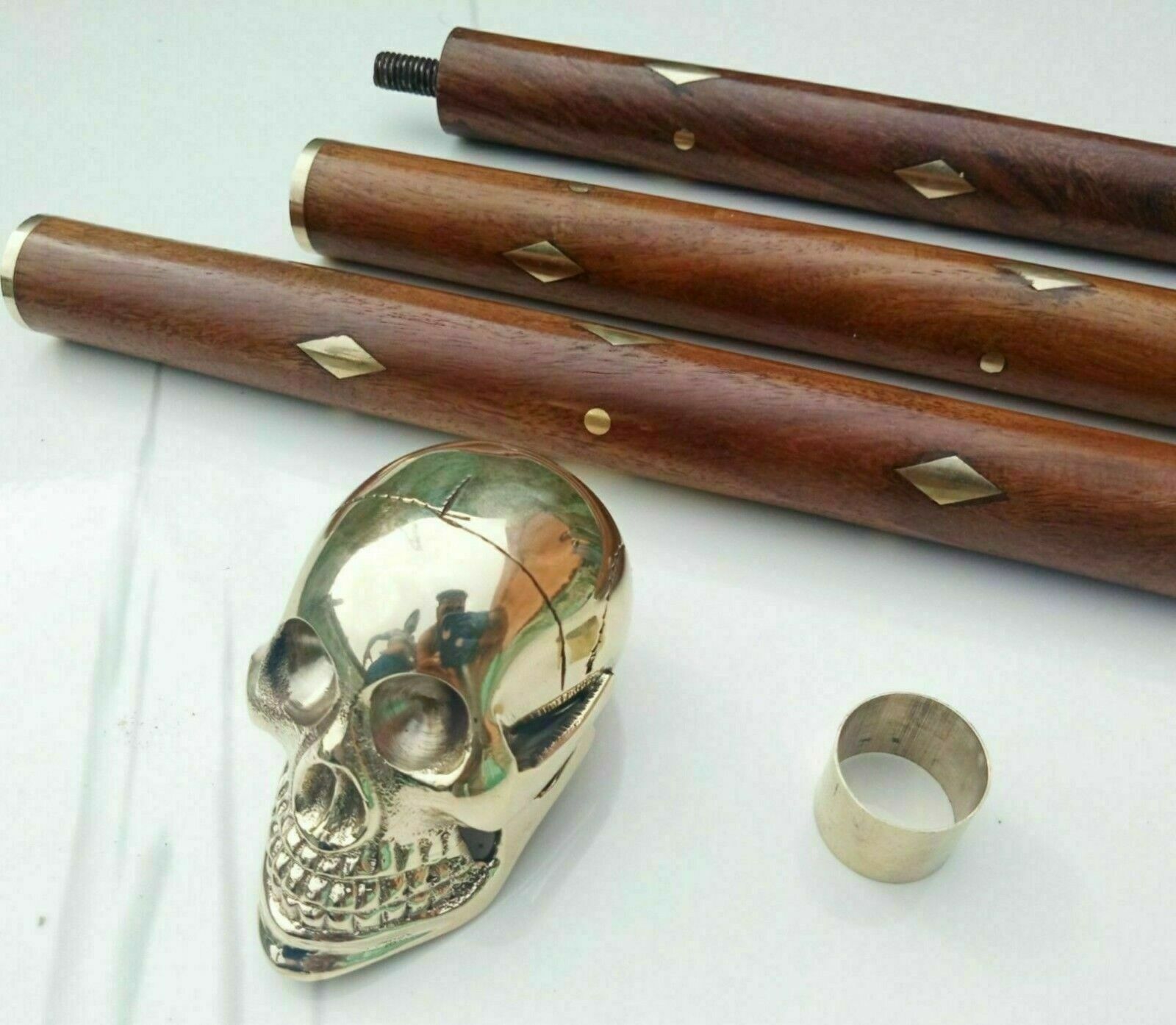 Antique Walking Cane Wooden Stick Brass Skull Head Handle Vintage Knob Cane Gift