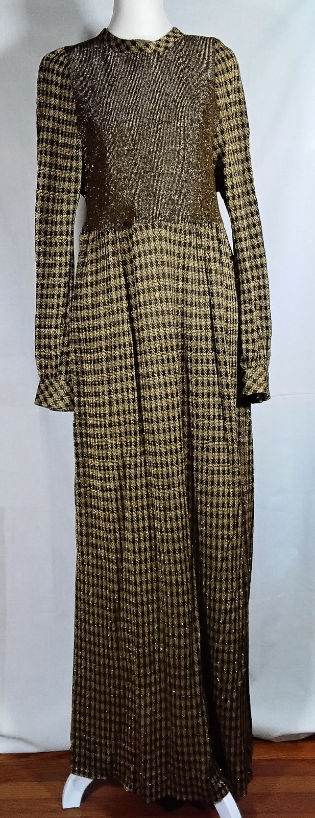 Vtg 60s 70s Tannel Knits Gold & Black Maxi Dress Long Sleeves Sz 12 USA
