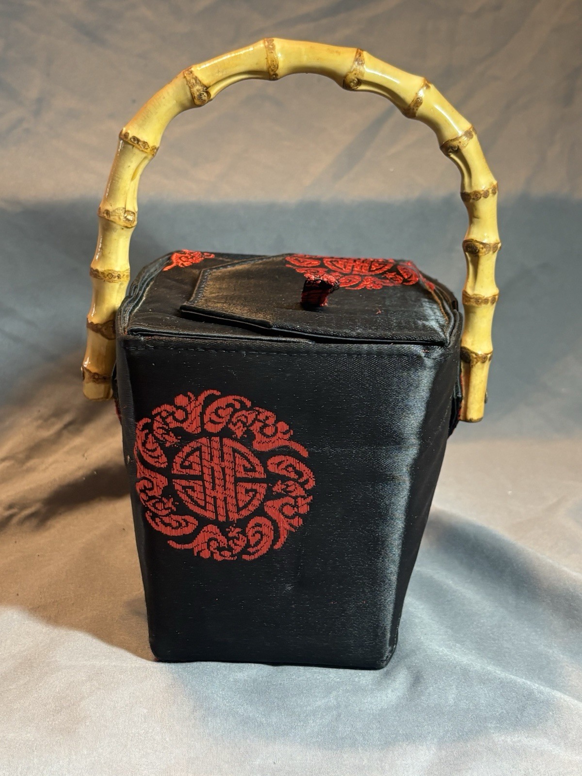 Asian Tozai Take out Box Hand Purse with Natural Bamboo Handle- Estate Find