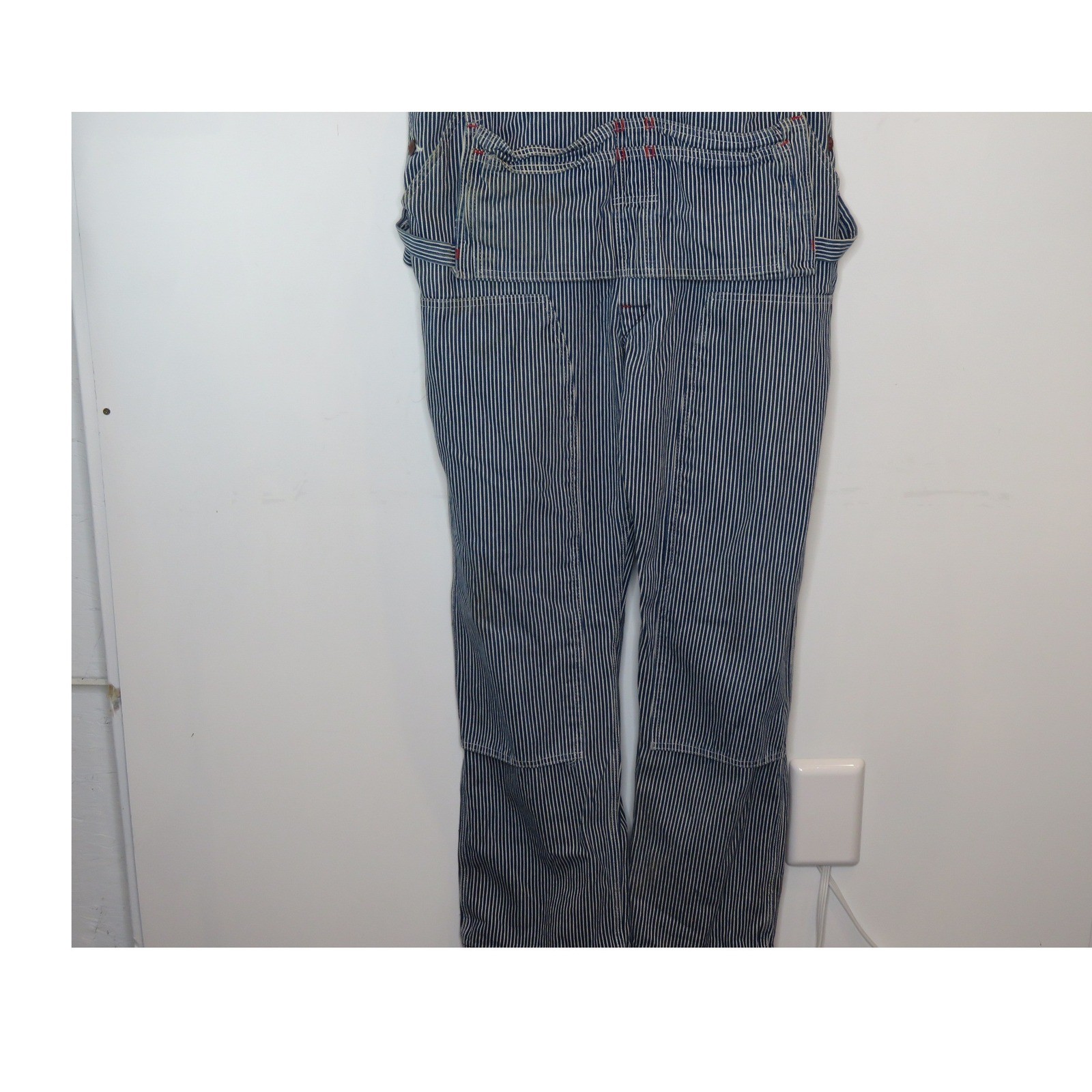 Vintage Round House Bib Overalls 38×32 Blue White Striped Straight Leg Outdoor
