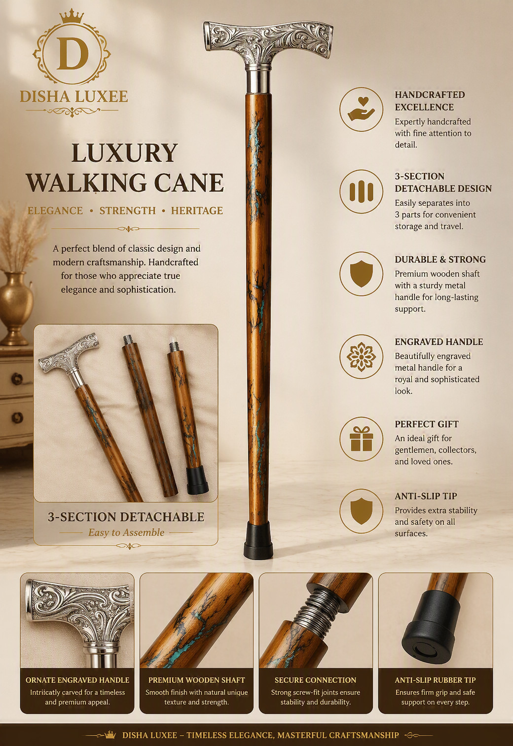 Luxury Walking Cane Set 3 Section Detachable Stick Combo silver & Golden Knob