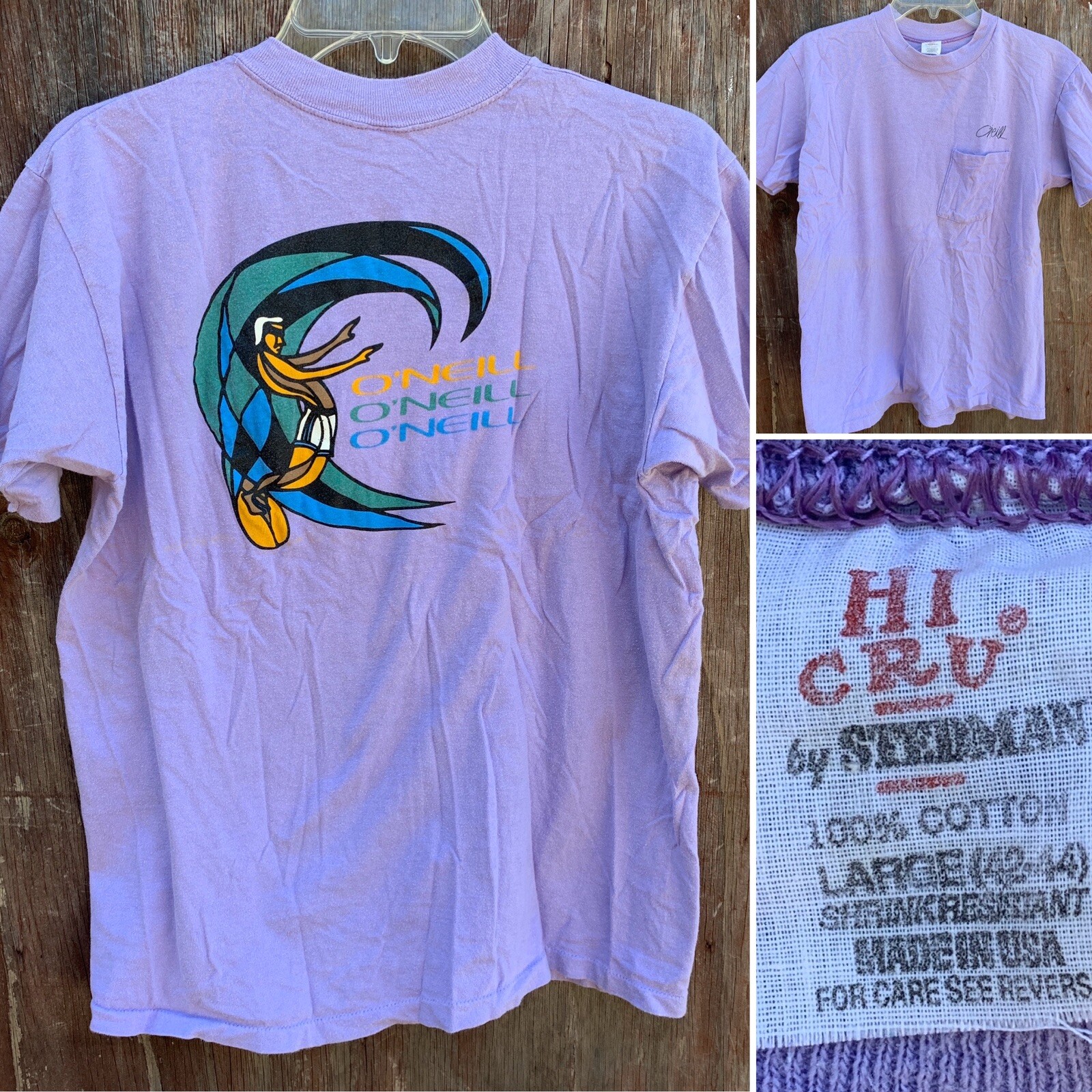 Vintage O’Neill Pocket Tee T-Shirt Surf Surfer Surfboard Graphics HI CRU Label L