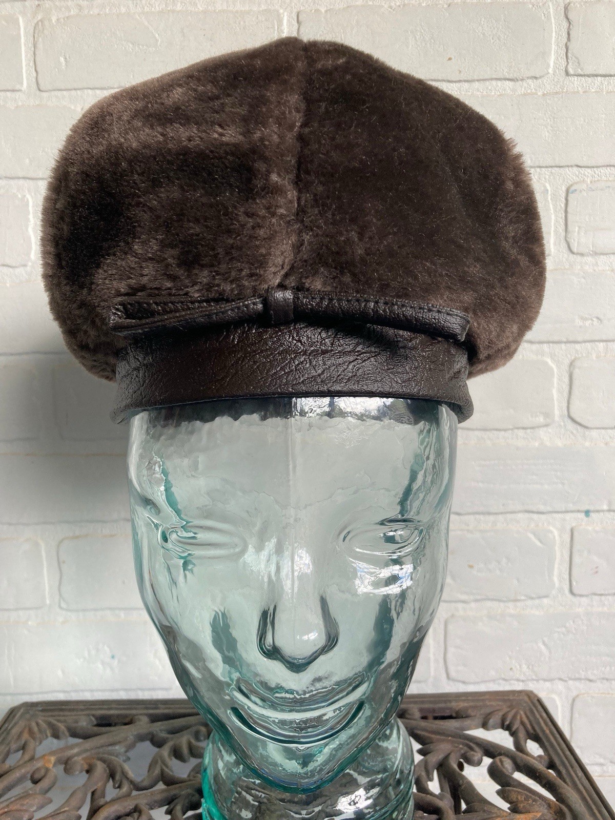 Vintage Mod 1960s Go Go Scooter Hat Taupe Brown Faux Fur Crinkled Pleather 21″