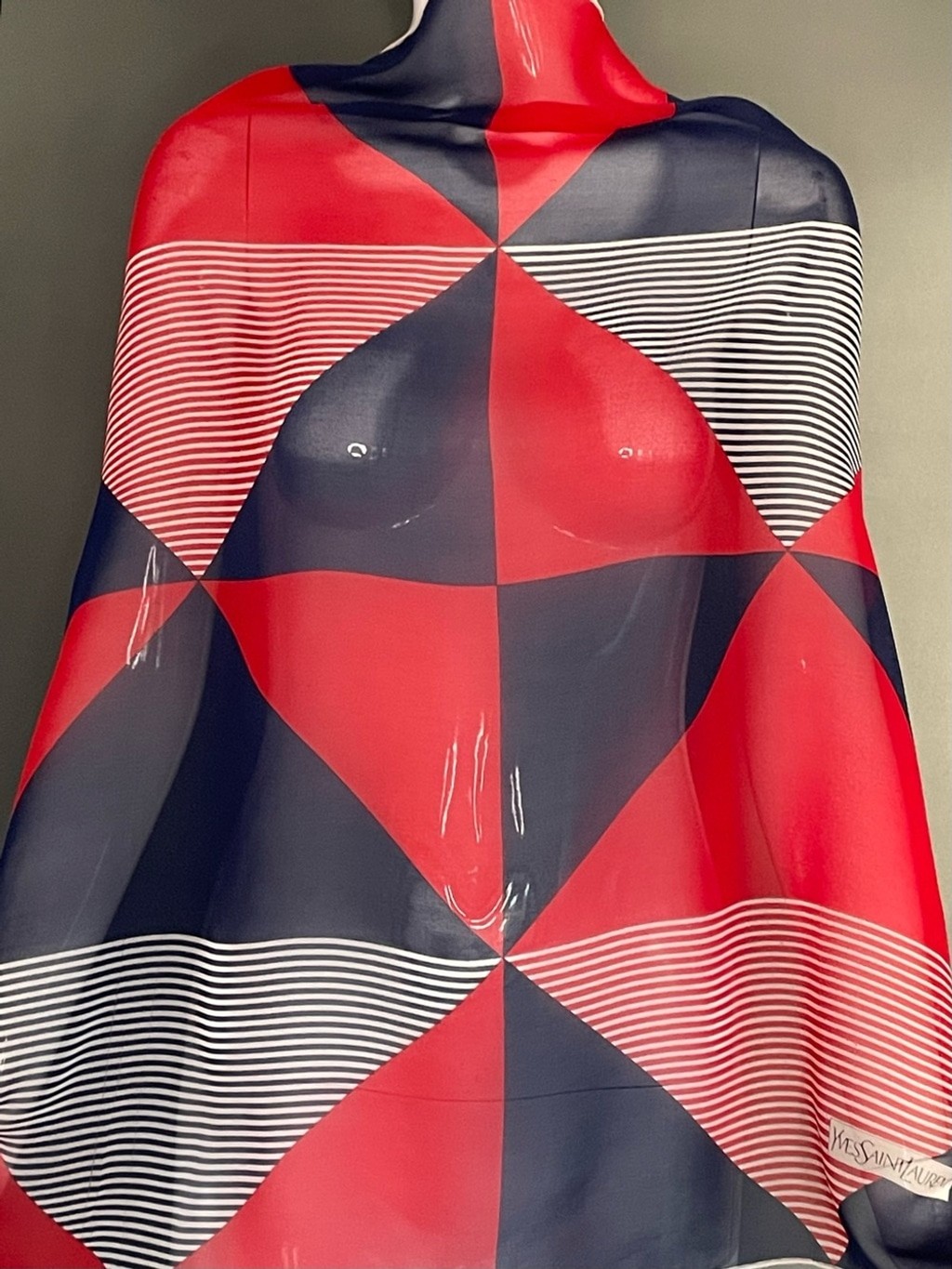 Vintage Yves Saint Laurent Red White Blue Sheer Silk Scarf 30 In Exc Condition