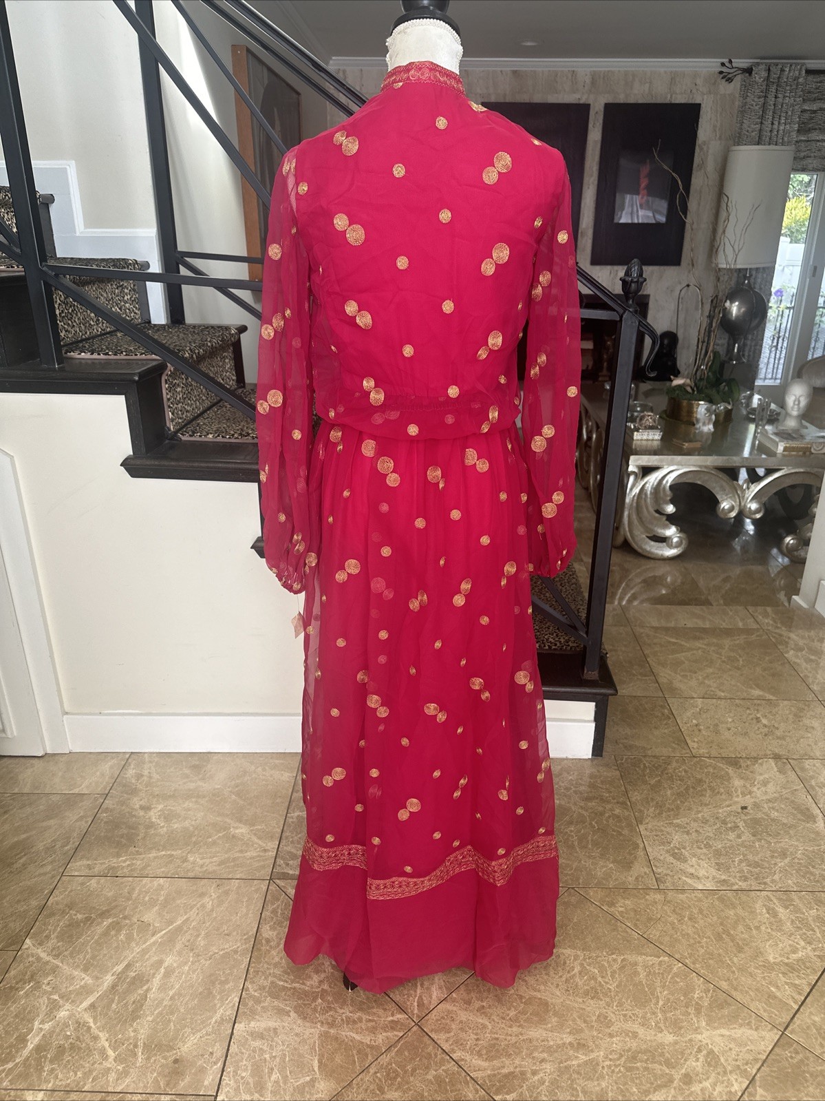 Jack Bryan NWT 70s Raspberry Pink Voile & Gold Embroidery Blouson Maxi Dress S