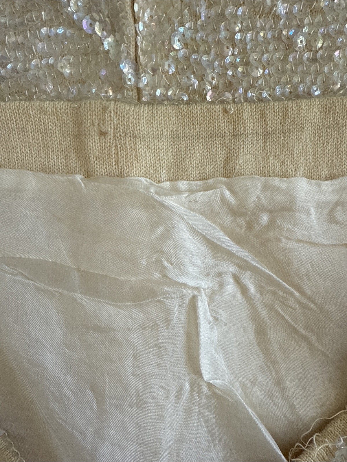 Vintage Mid-19th Century Ivory Wool Sequined Shell Top With Silk Lining Size S/M