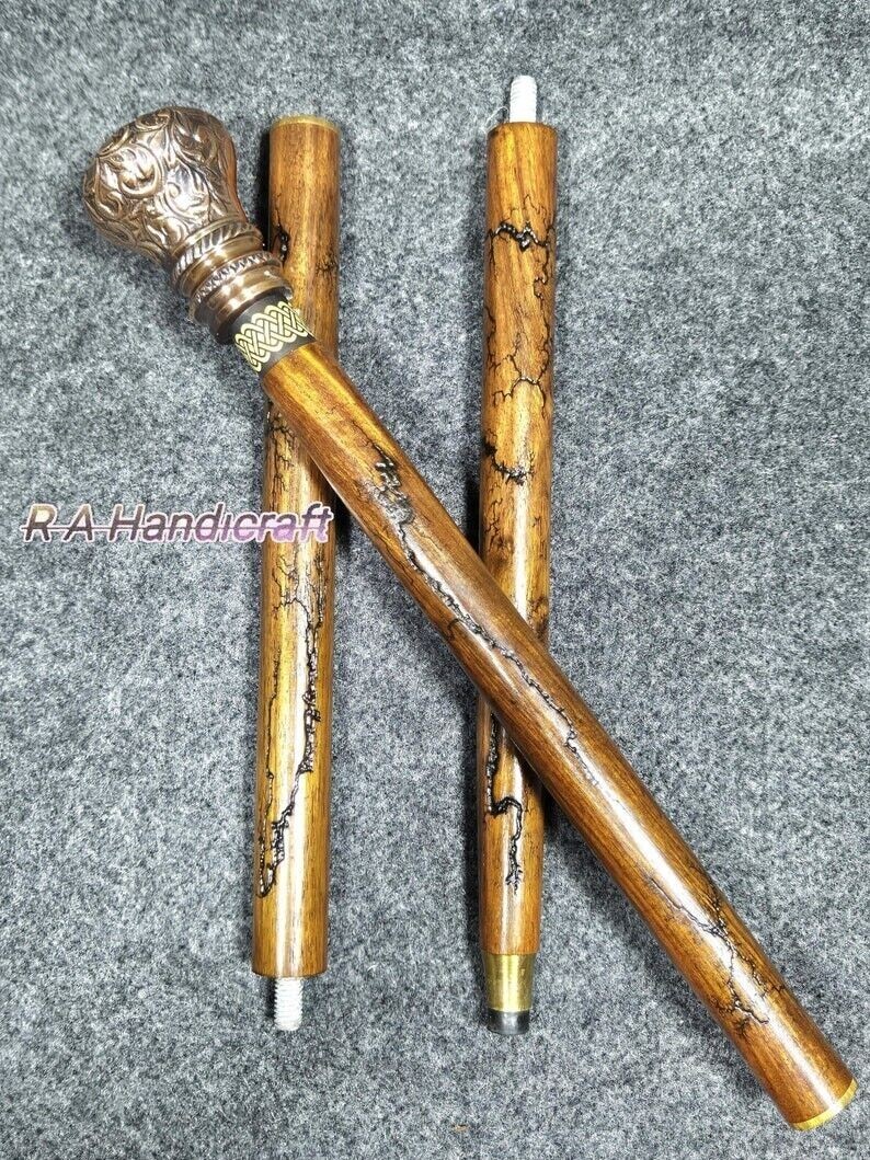 Victorian Walking Cane With Round Brass Copper Finish Handle Wooden Carved Stick