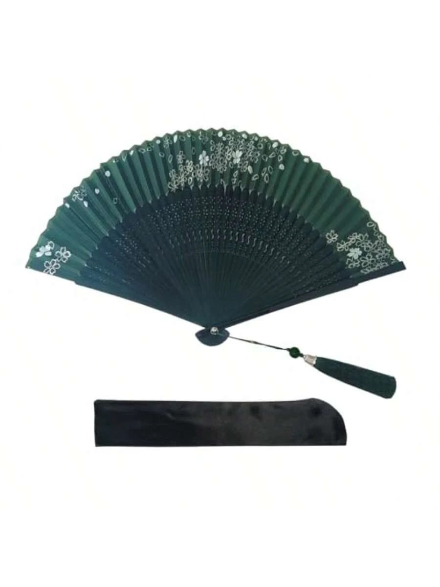 Handmade Bamboo Silk Folding Hand Fan 8.2″ Vintage Style Women Gift (Green)