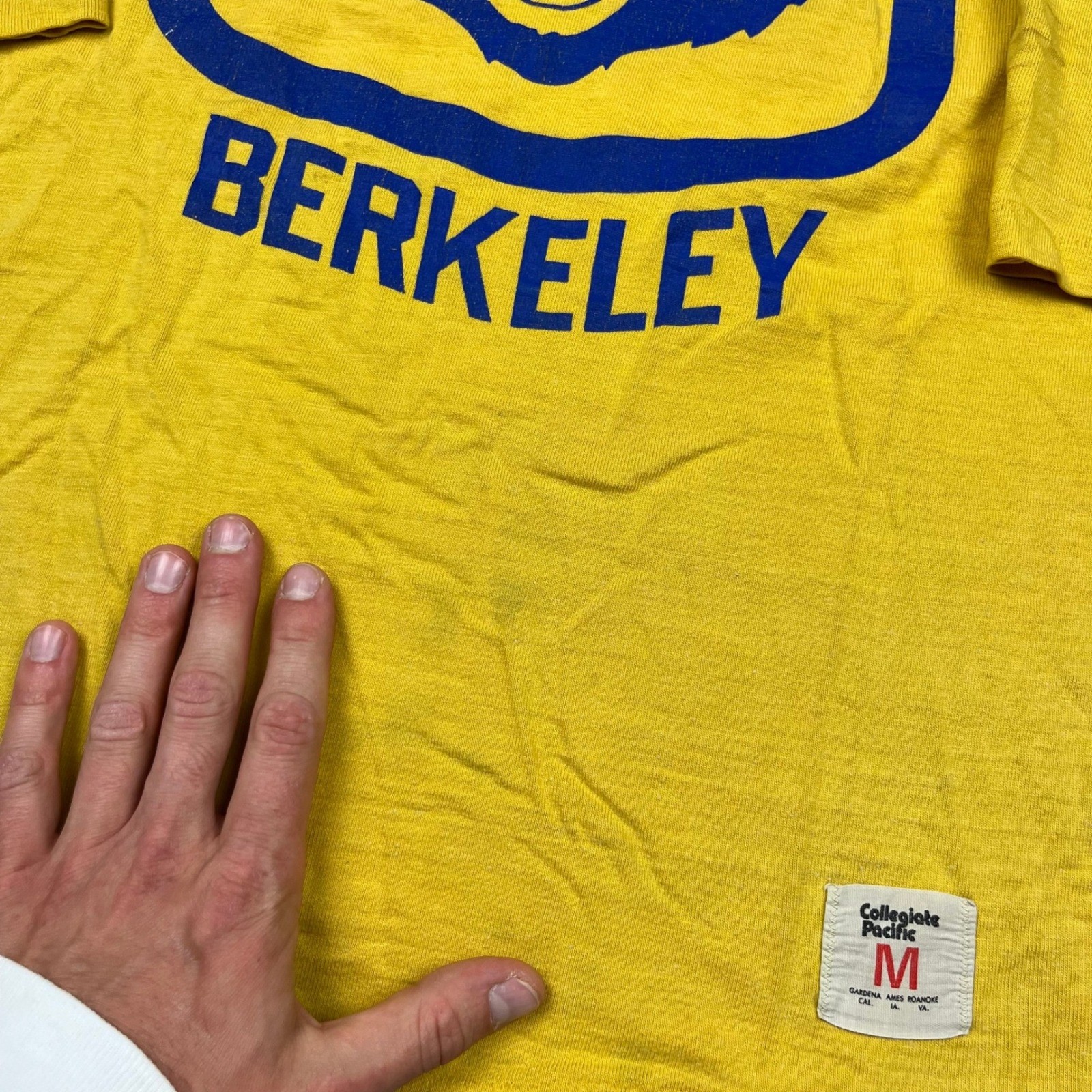 VTG Collegiate Pacific Berkeley Jersey Mens M Yellow 3/4 Sleeve 70s Oski Bear