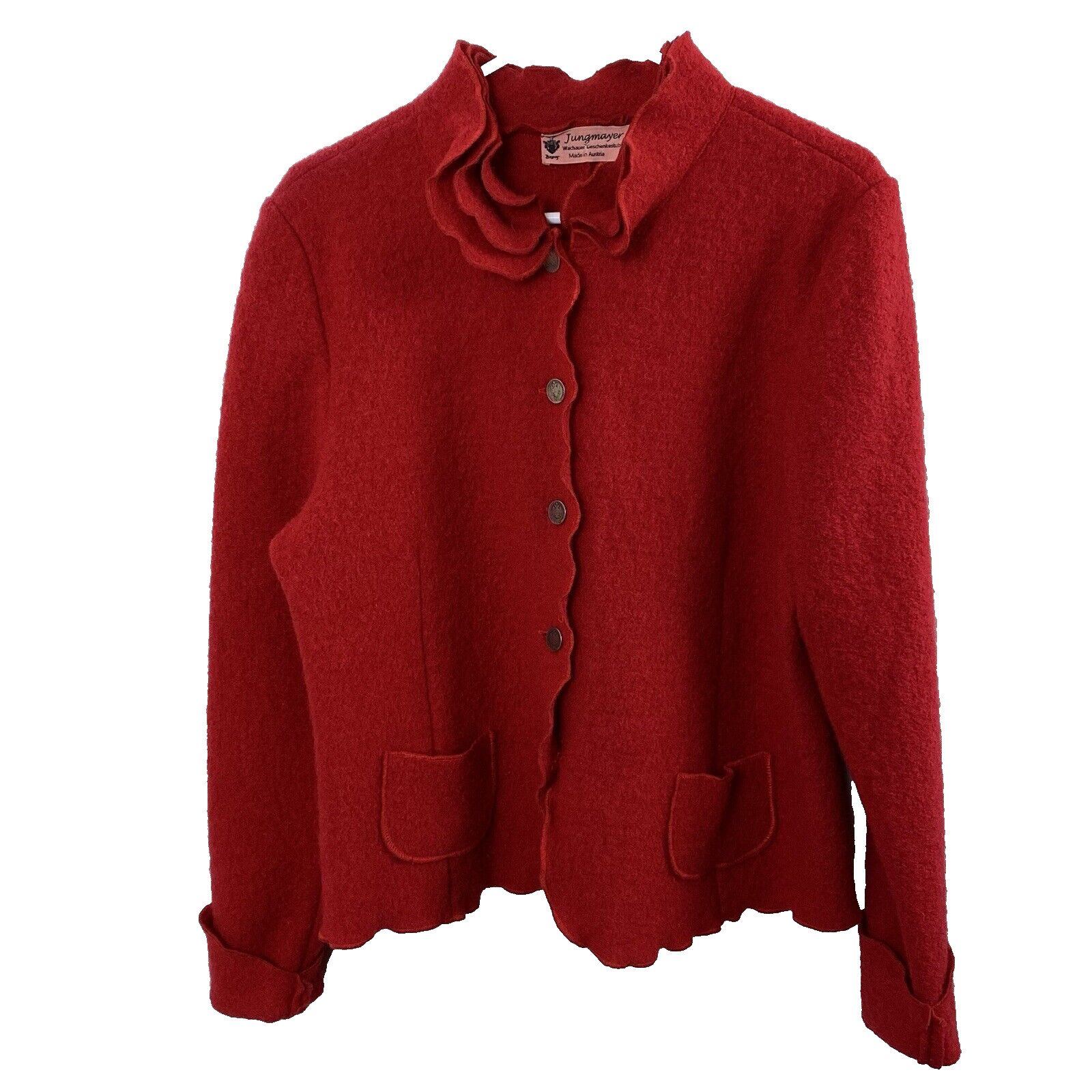 Vintage Jungmayer Womens Red 100% Wool Jacket Medium? Ruffle Collar Coin Buttons