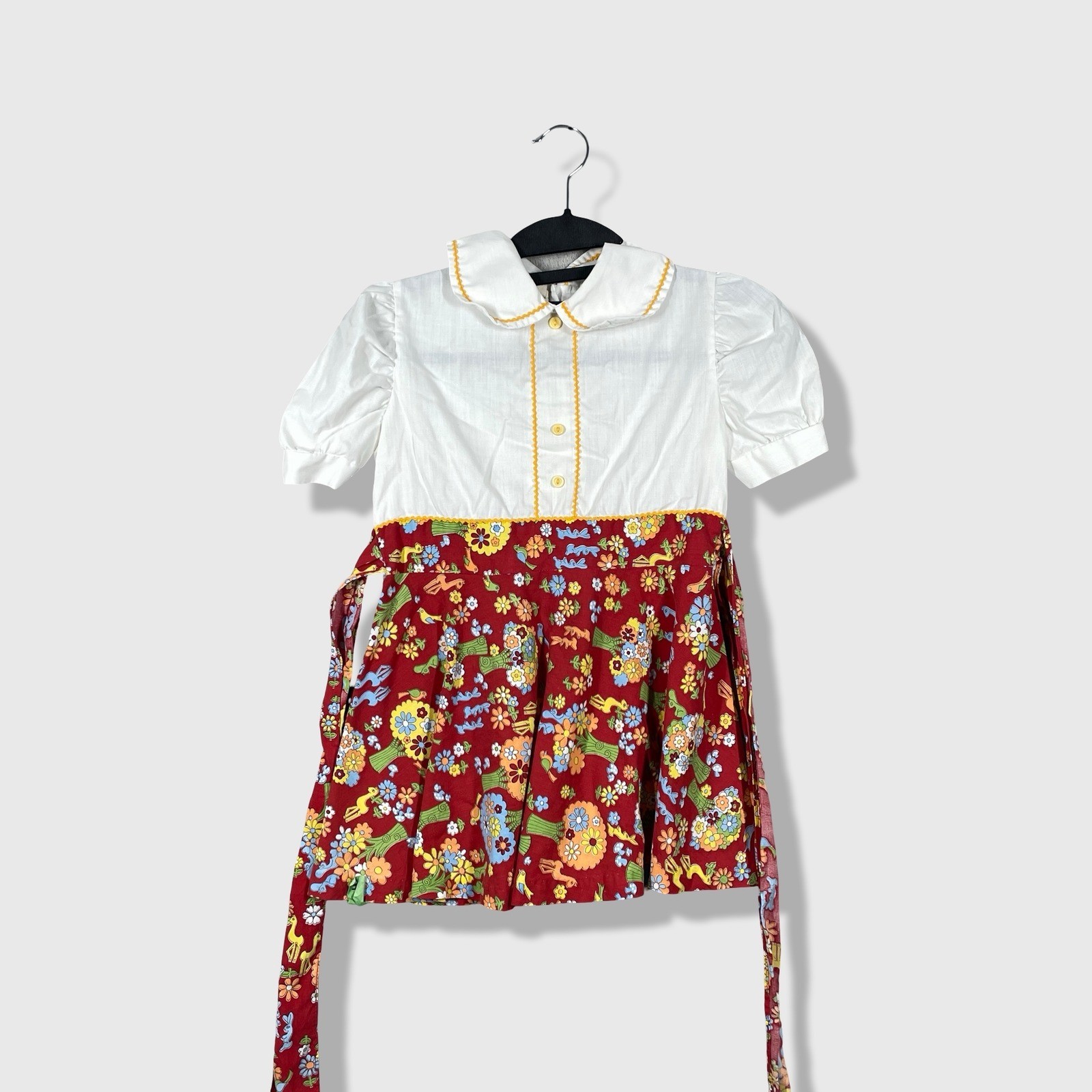 Unbranded Vintage Floral Dress Kids Size 7 Red White Retro 70s Aesthetic