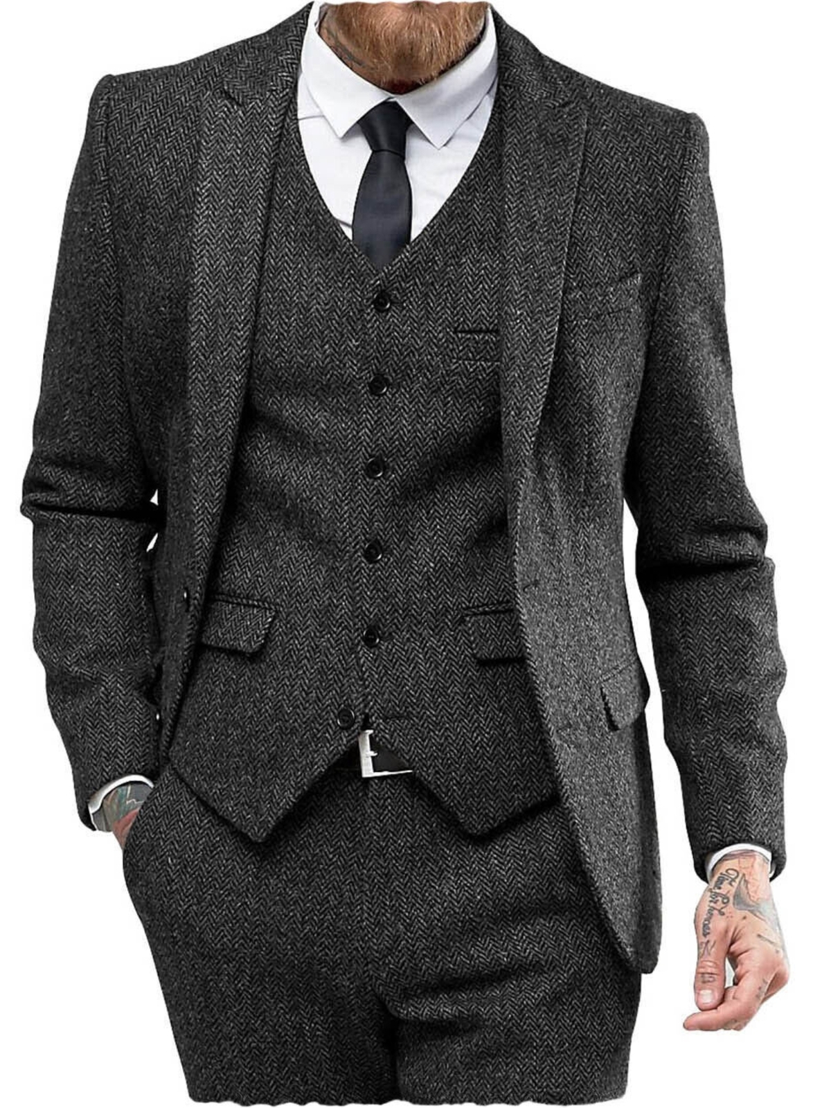 Men’s 3Pcs Herringbone Tweed Suit Blazer Vest Pants Set Formal Wedding Business
