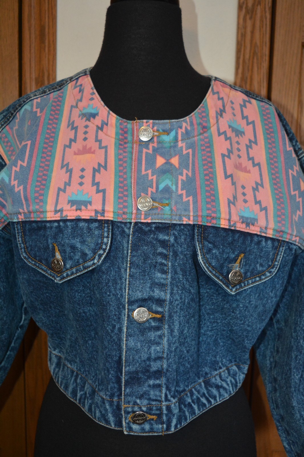VTG 1980’s Women’s NUOVO Denim Jacket Coat Southwestern Western MED MINT Punk