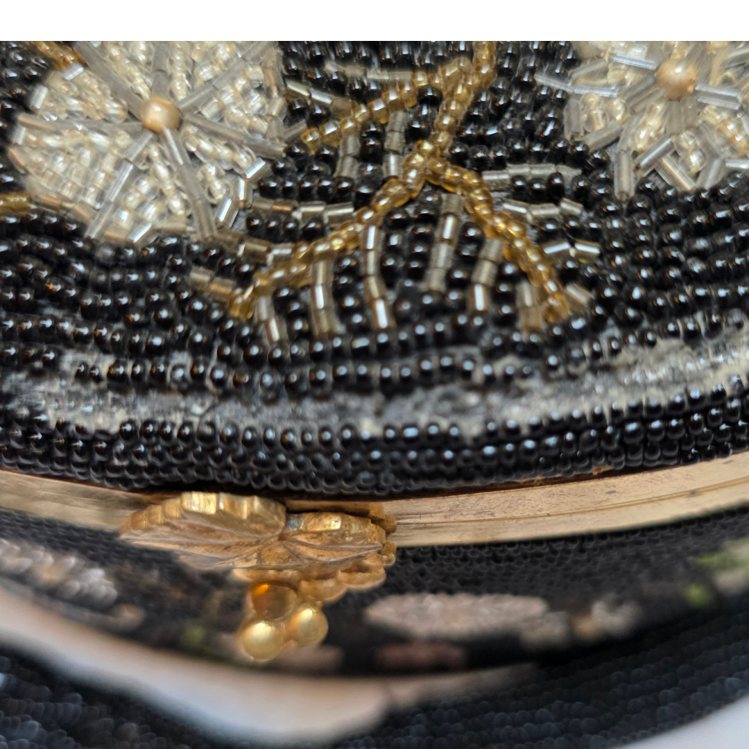 Vintage 1950s Oval Black Beaded Box Purse Floral Handmade Japan Mirror Beads